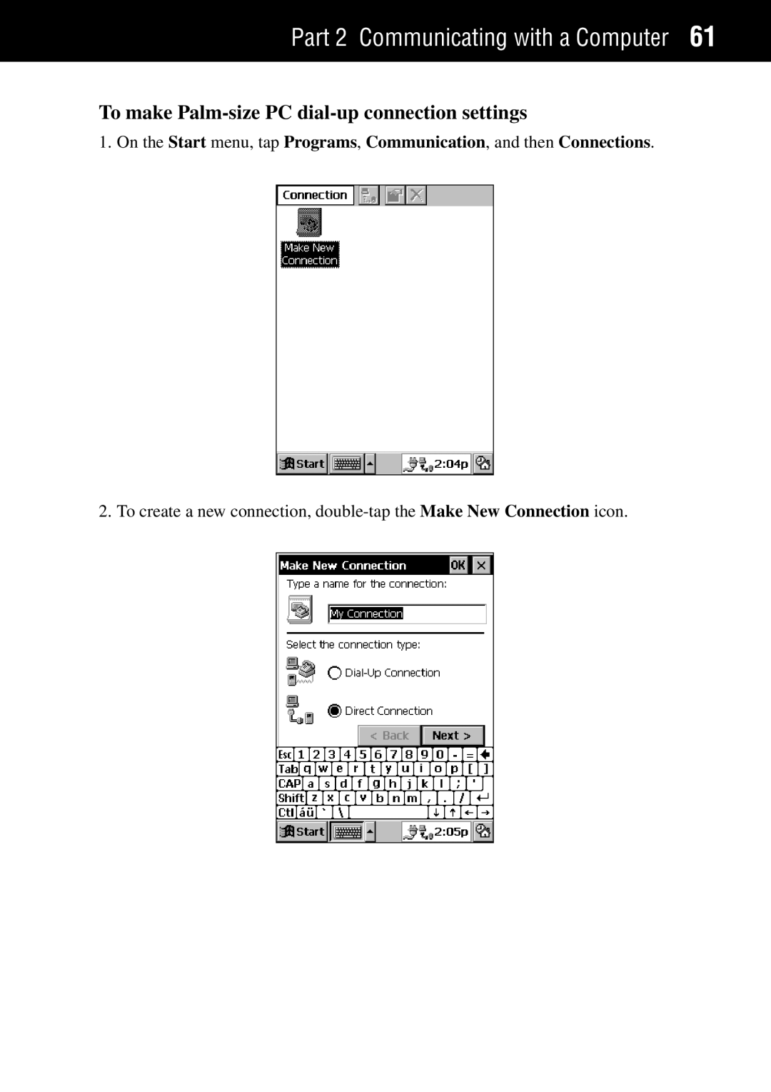 Casio manual To make Palm-size PC dial-up connection settings 