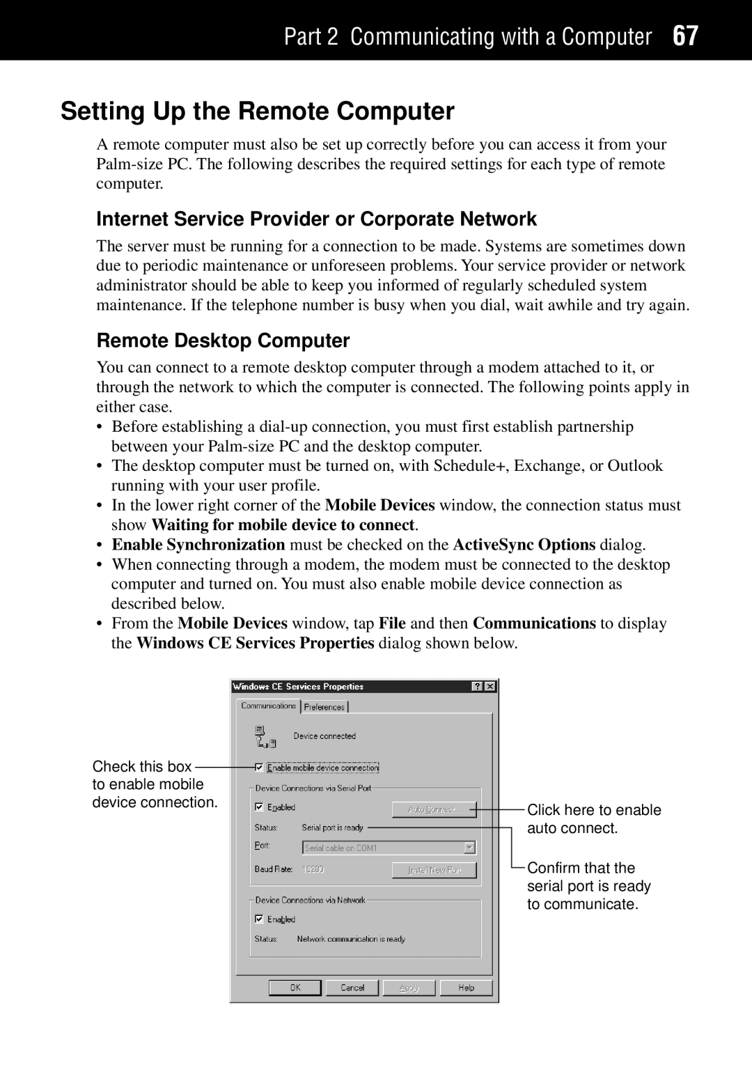 Casio Palm-size PC Setting Up the Remote Computer, Internet Service Provider or Corporate Network, Remote Desktop Computer 