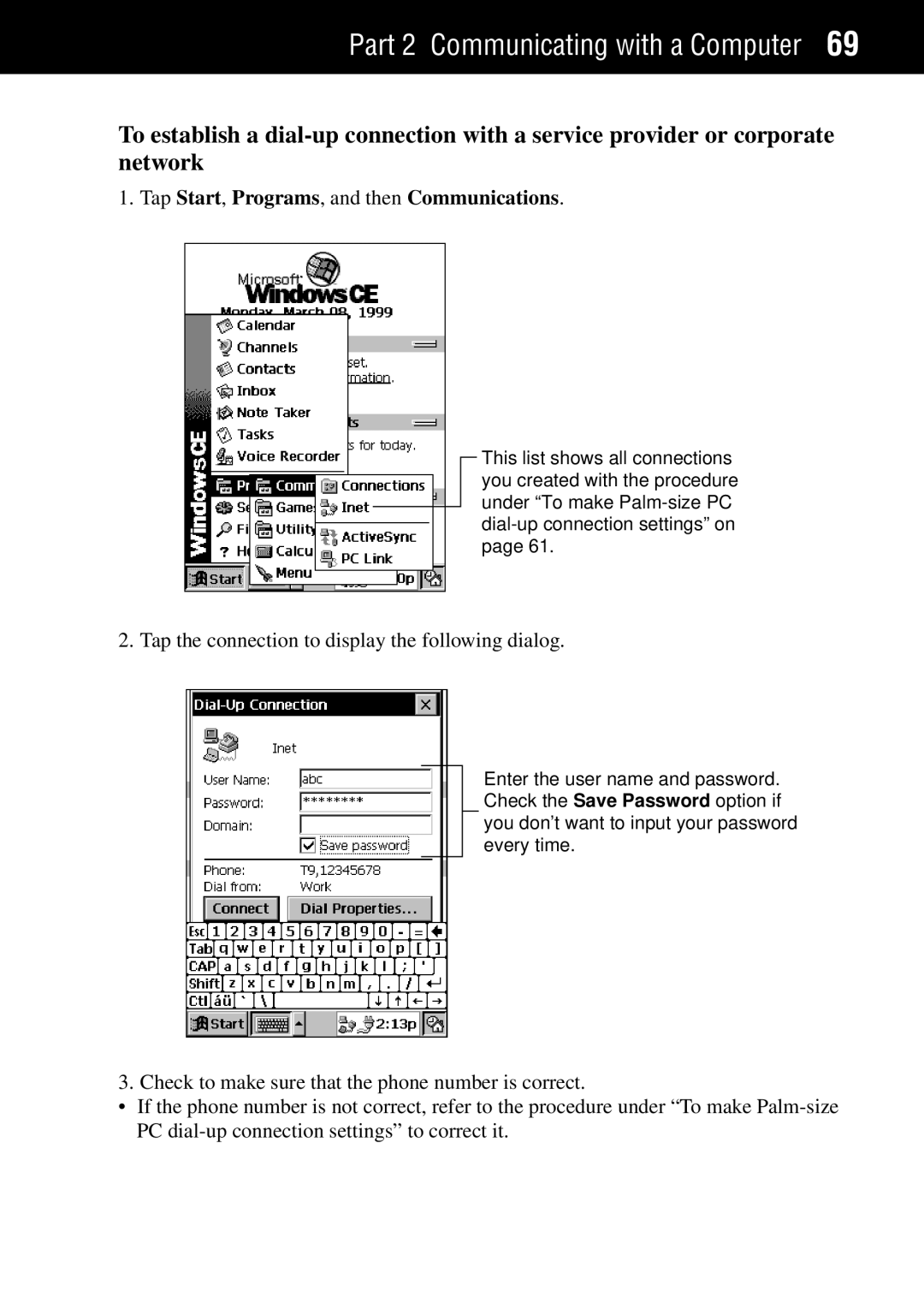 Casio Palm-size PC manual Tap Start, Programs, and then Communications, Tap the connection to display the following dialog 