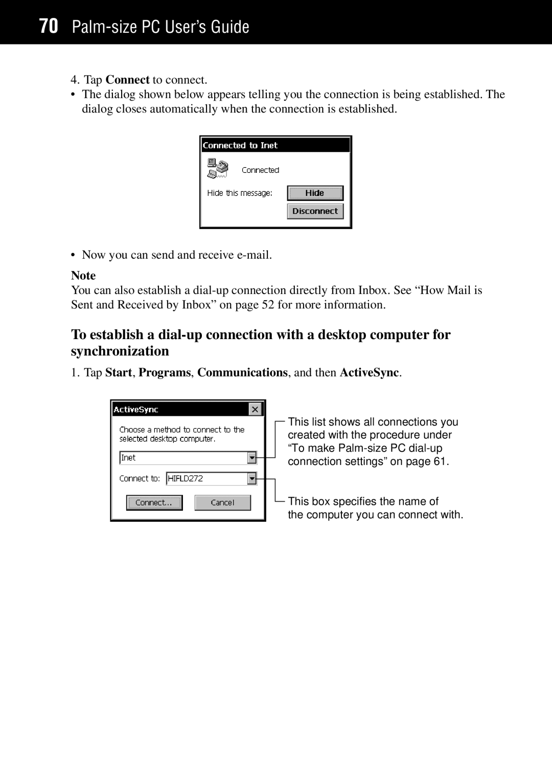 Casio Palm-size PC manual Tap Start, Programs, Communications, and then ActiveSync 