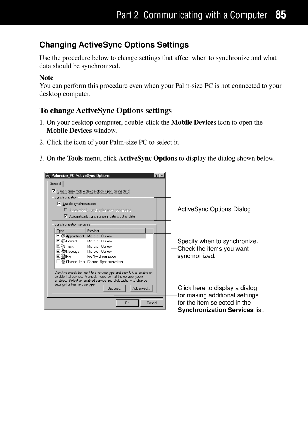 Casio Palm-size PC manual Changing ActiveSync Options Settings, To change ActiveSync Options settings 