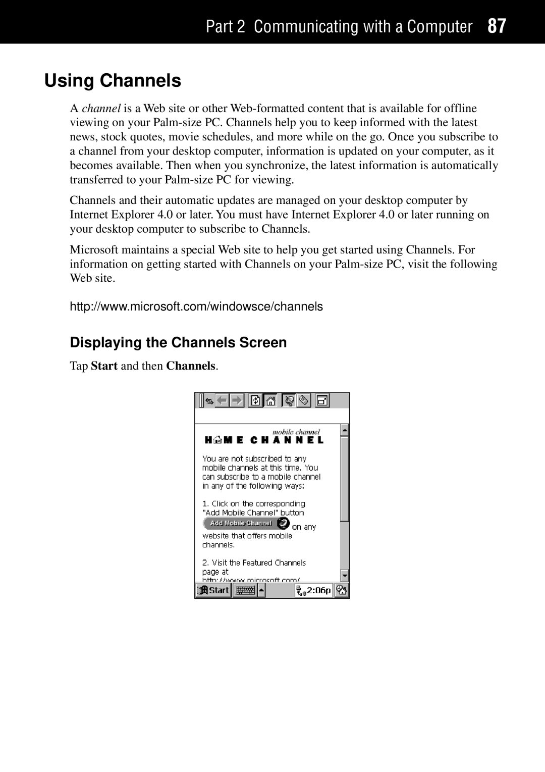 Casio Palm-size PC manual Using Channels, Displaying the Channels Screen 