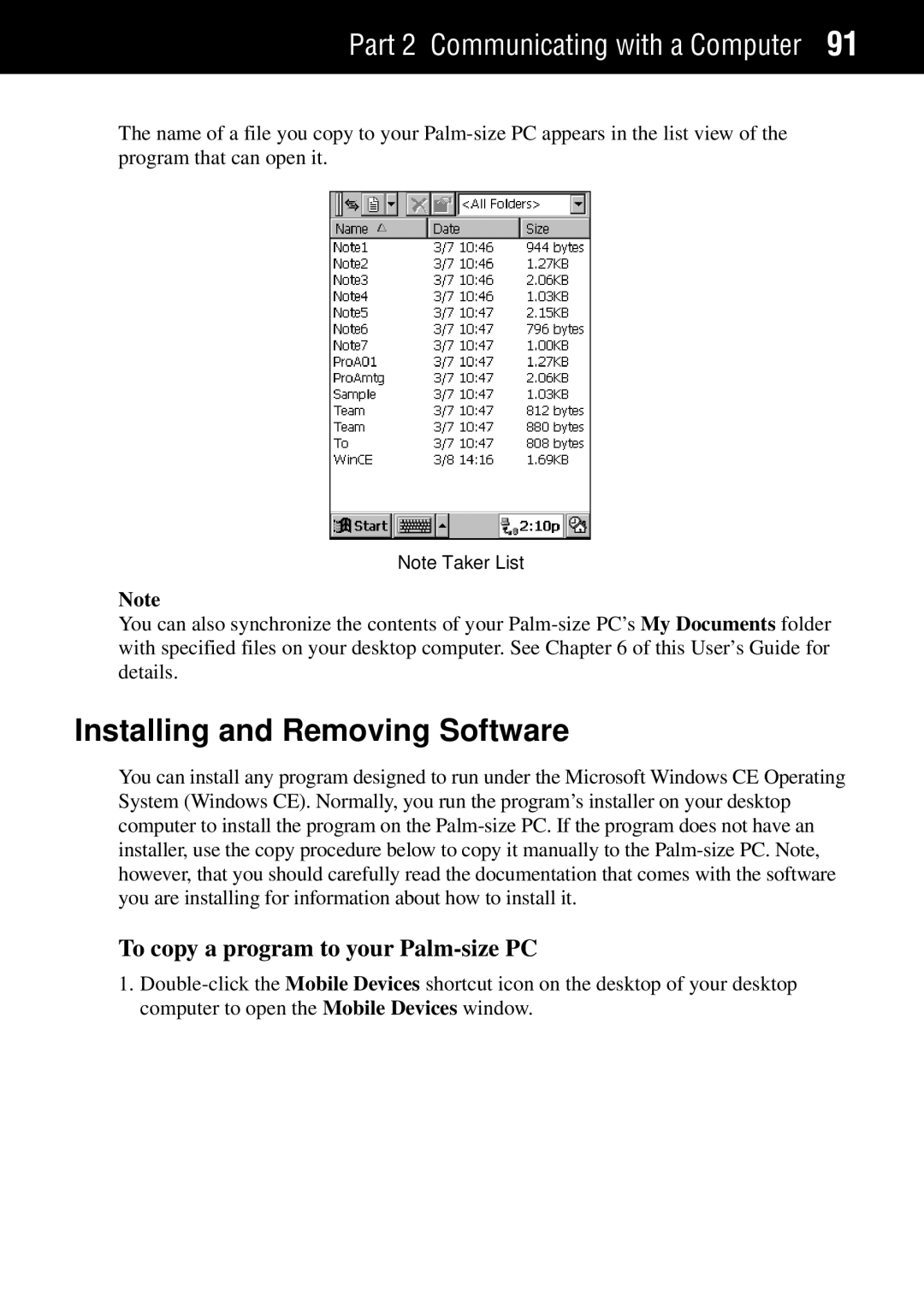 Casio manual Installing and Removing Software, To copy a program to your Palm-size PC 