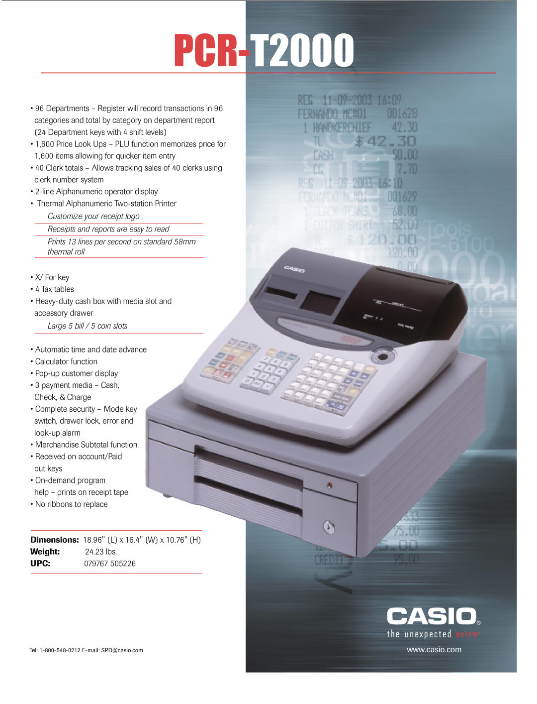 Casio PCR-T2000 dimensions Large 5 bill / 5 coin slots 
