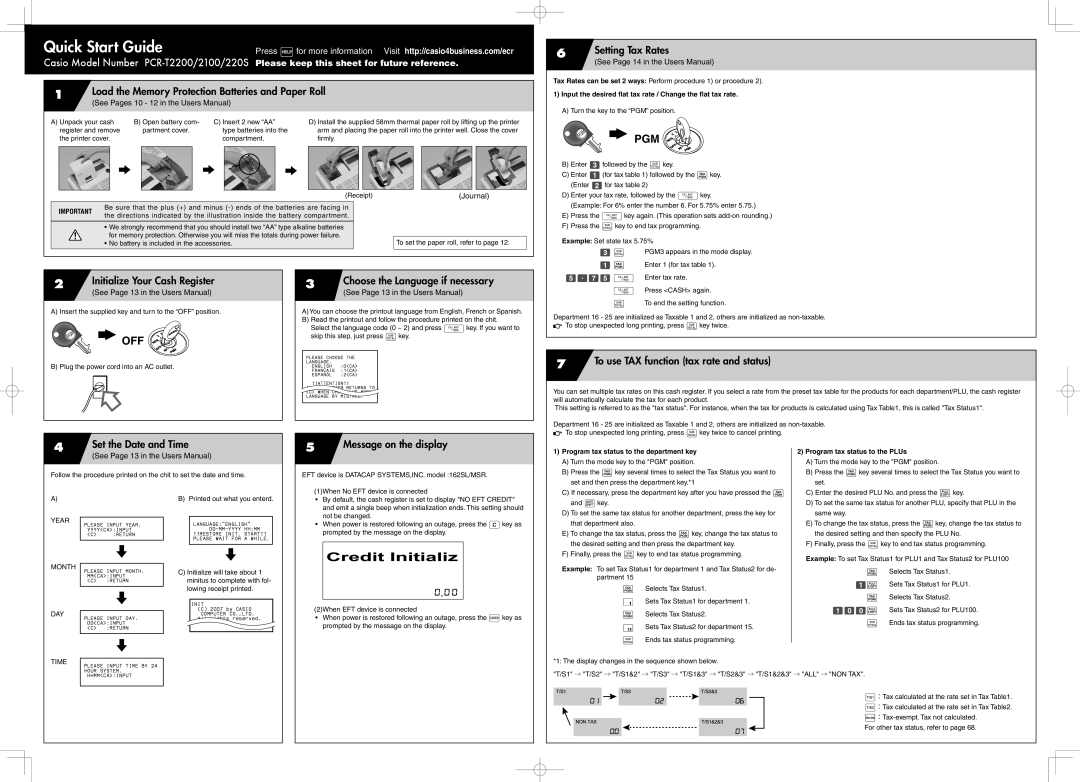 Casio PCRT220S quick start Load the Memory Protection Batteries and Paper Roll, Setting Tax Rates, Set the Date and Time 