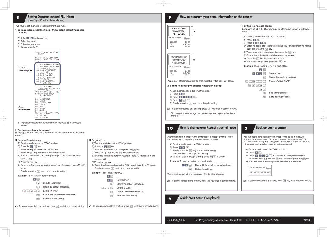 Casio PCR-T220S, PCRT220S quick start Setting Department and PLU Name, How to program your store information on the receipt 