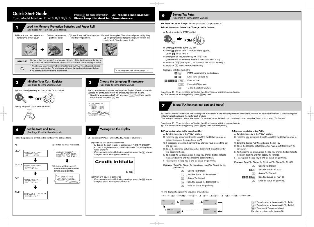 Casio PCRT48S quick start Load the Memory Protection Batteries and Paper Roll, Setting Tax Rates, Set the Date and Time 
