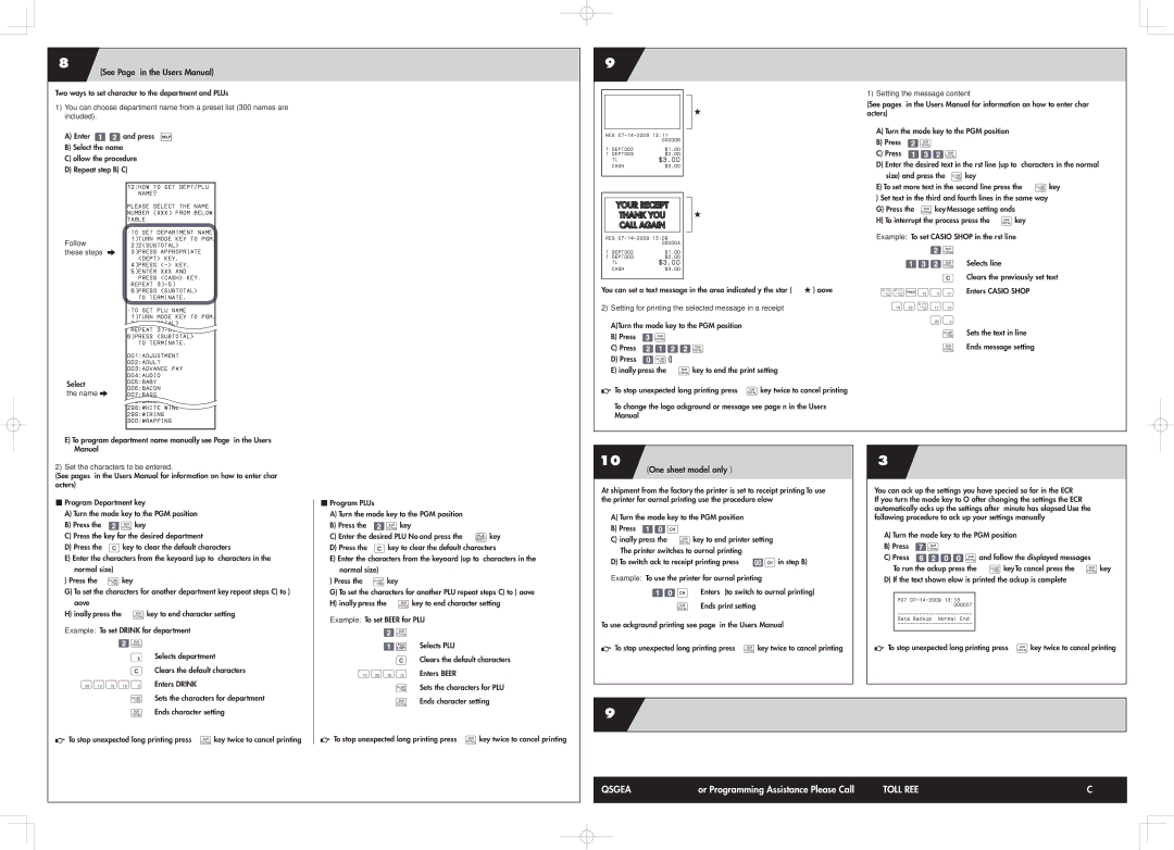 Casio PCRT48S Setting Department and PLU Name, How to program your store information on the receipt, Back up your program 