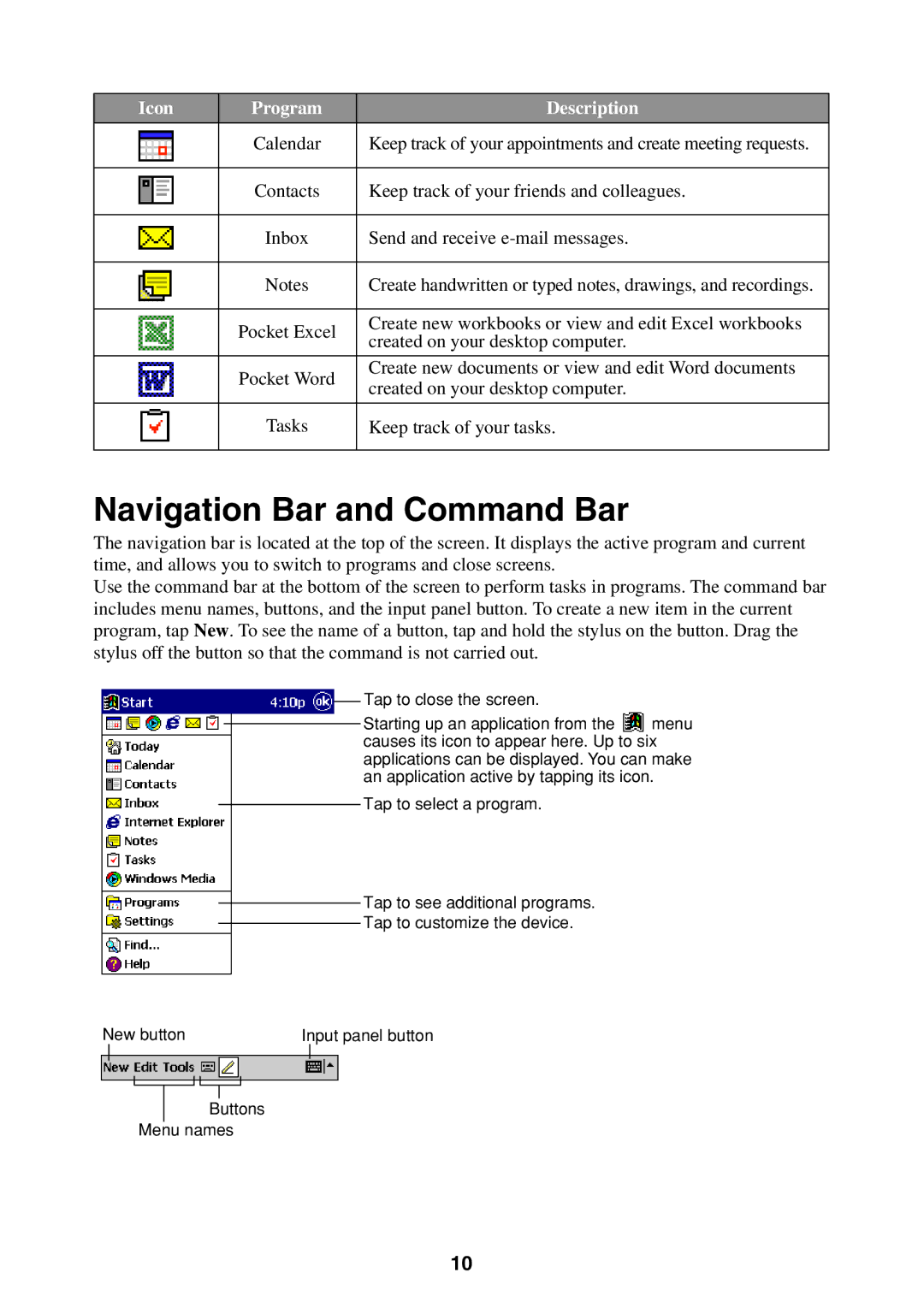 Casio Pocket PC Terminal manual Navigation Bar and Command Bar, Icon Program Description 