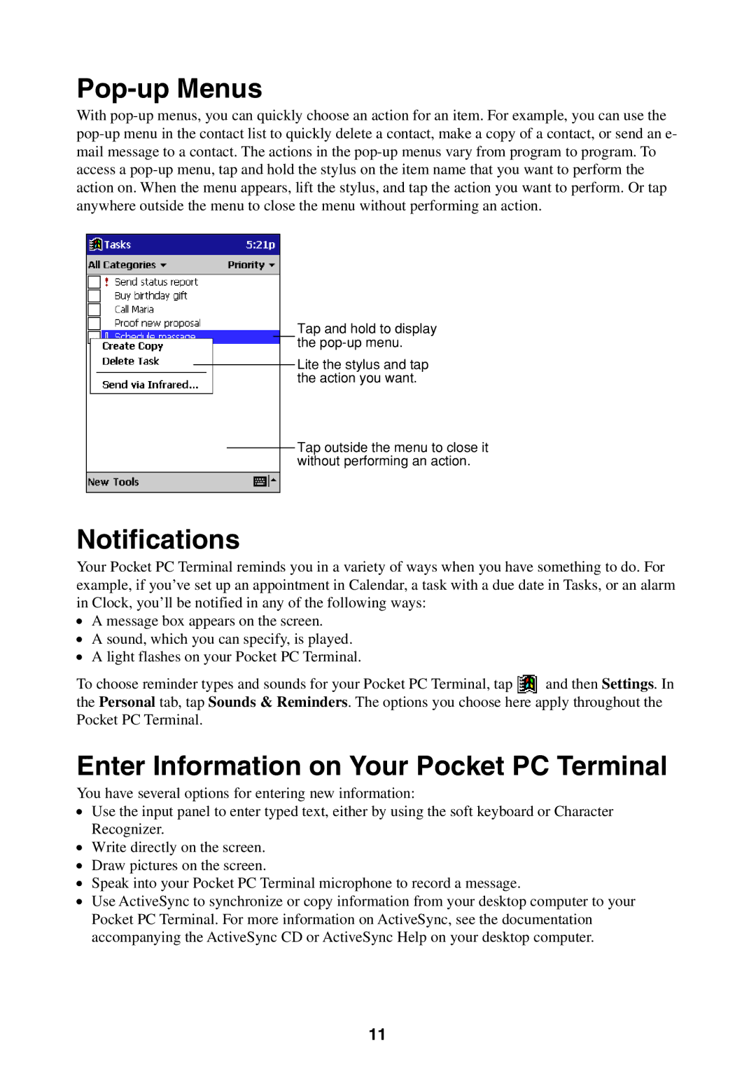 Casio manual Pop-up Menus, Notifications, Enter Information on Your Pocket PC Terminal 