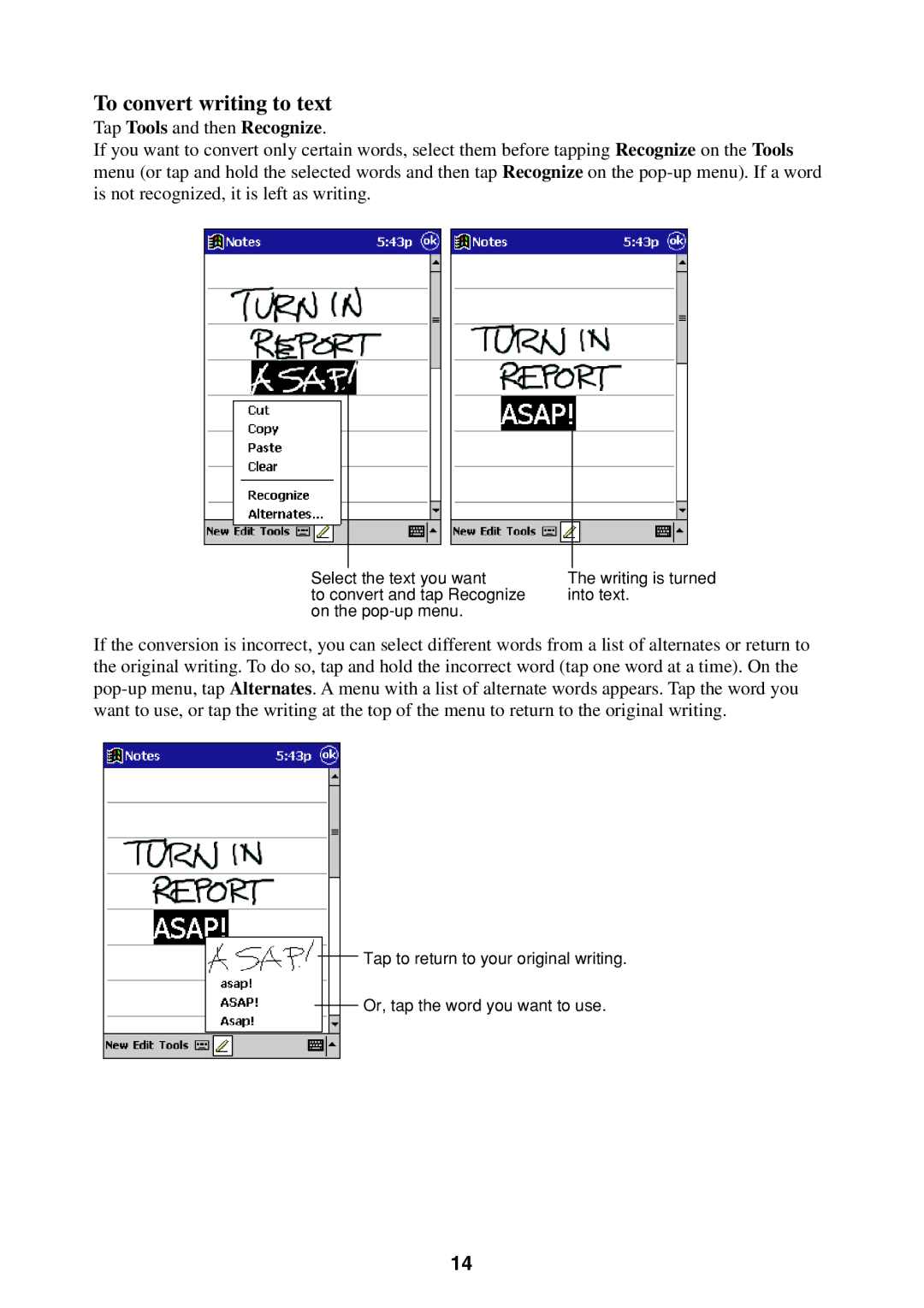 Casio Pocket PC Terminal manual To convert writing to text, Tap Tools and then Recognize 