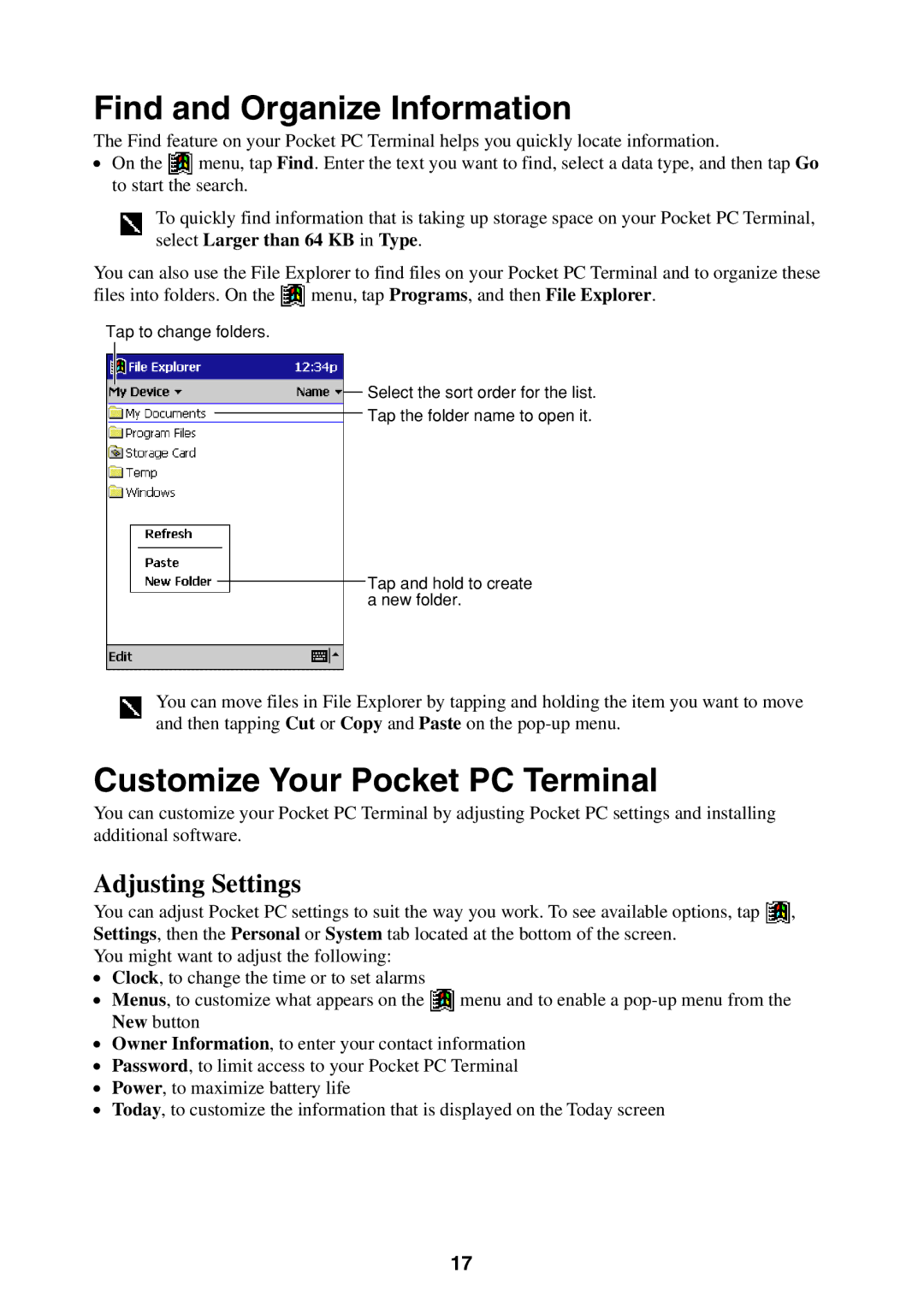 Casio manual Find and Organize Information, Customize Your Pocket PC Terminal, Adjusting Settings 