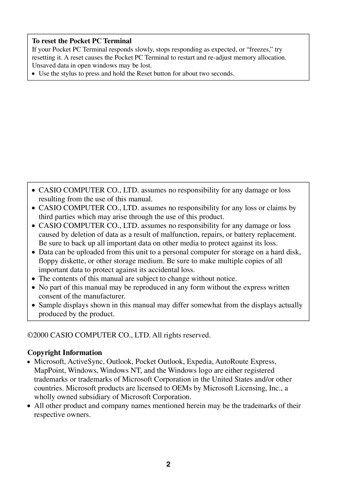 Casio manual Copyright Information, To reset the Pocket PC Terminal 