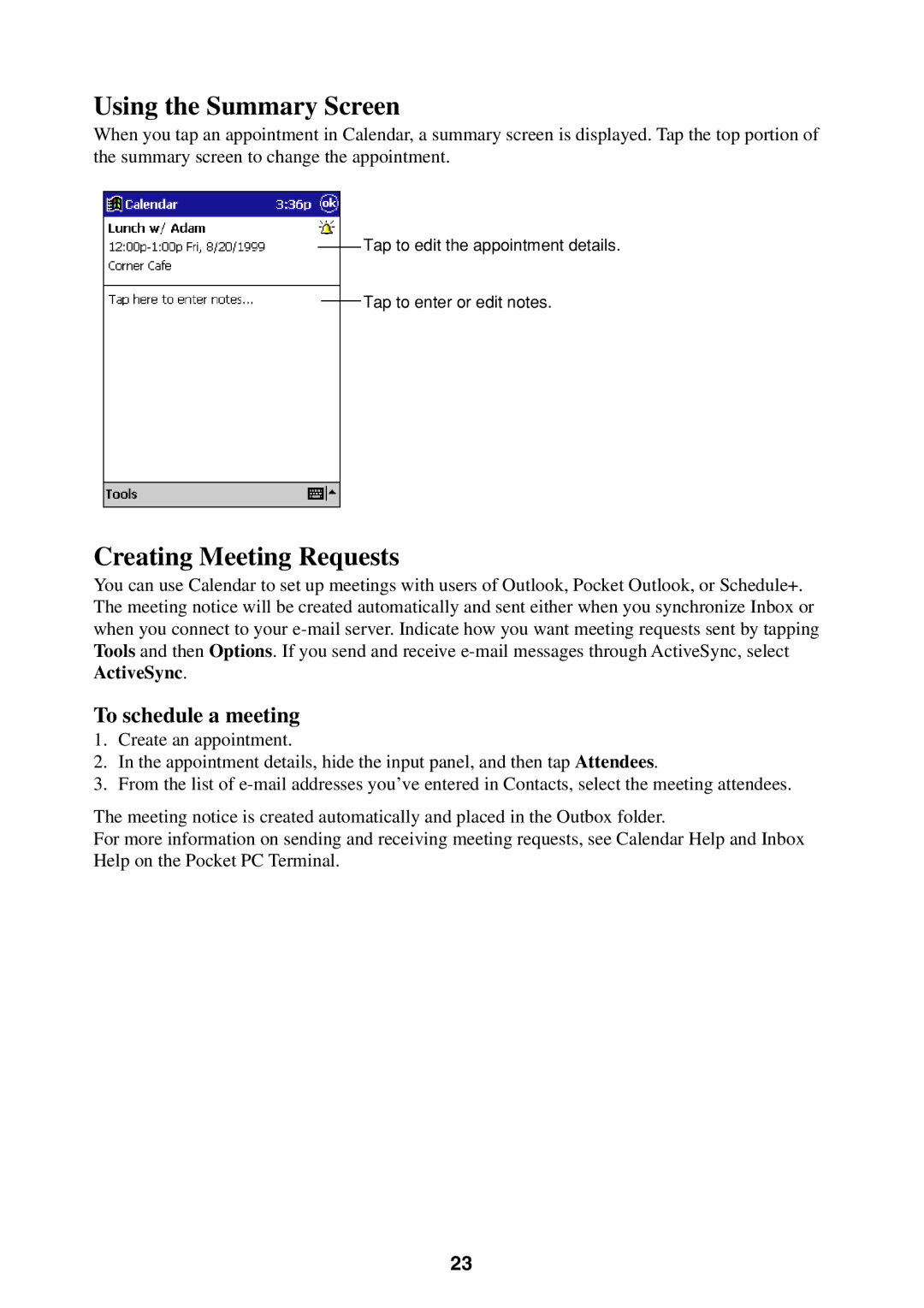 Casio Pocket PC Terminal manual Using the Summary Screen, Creating Meeting Requests, To schedule a meeting 