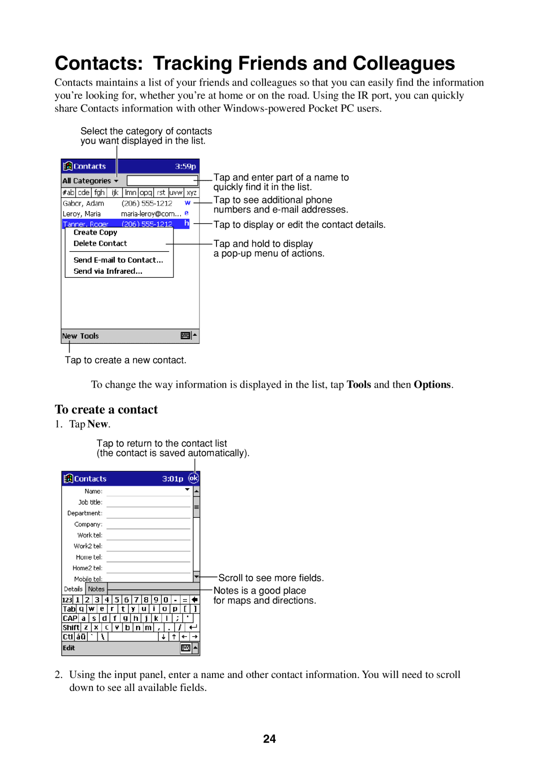 Casio Pocket PC Terminal manual Contacts Tracking Friends and Colleagues, To create a contact 