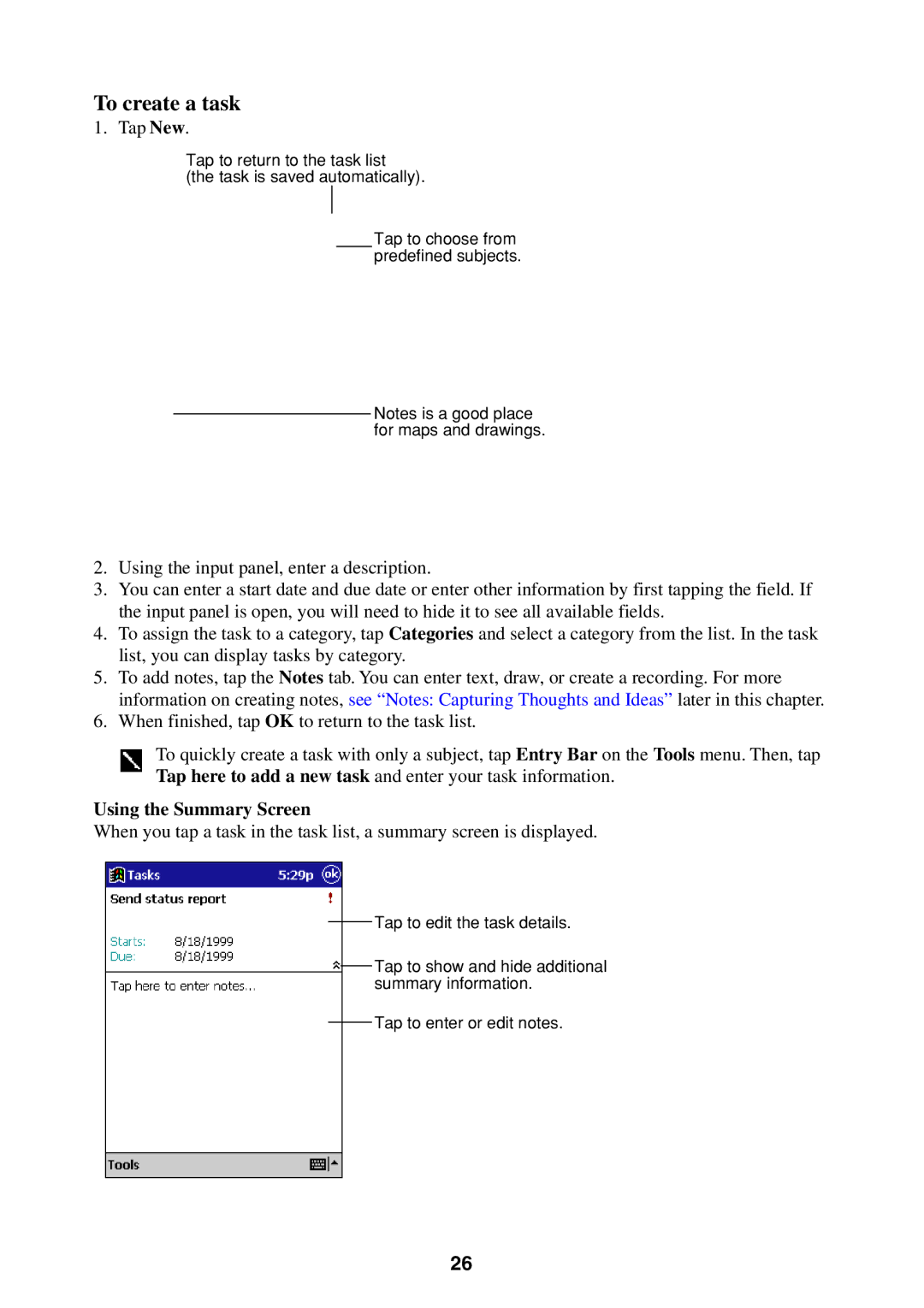 Casio Pocket PC Terminal manual To create a task, Using the Summary Screen 