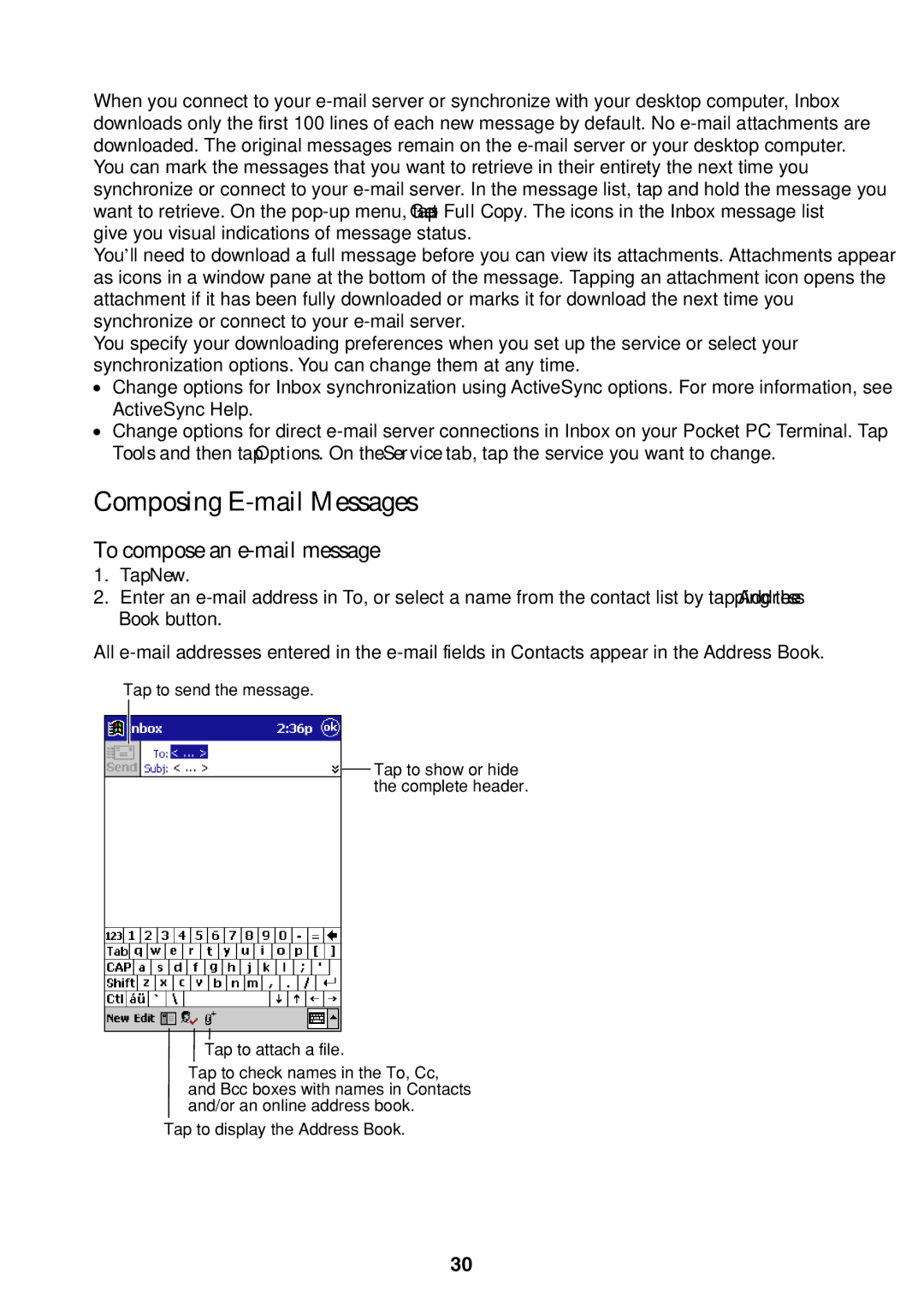 Casio Pocket PC Terminal manual Composing E-mail Messages, To compose an e-mail message 