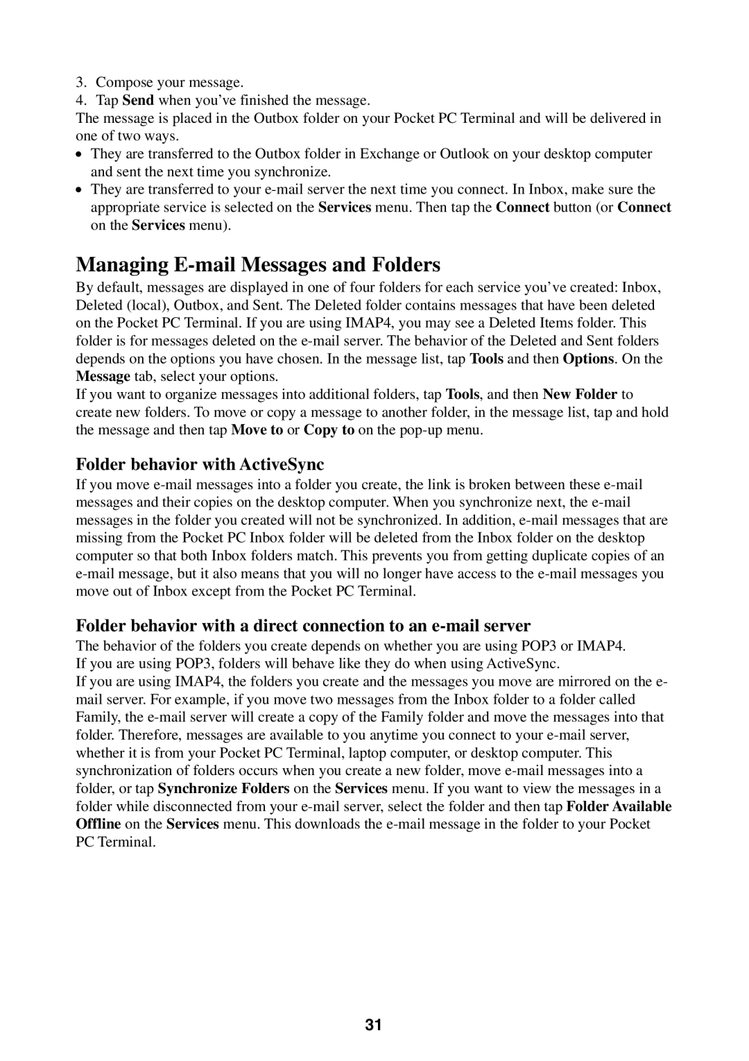 Casio Pocket PC Terminal manual Managing E-mail Messages and Folders, Folder behavior with ActiveSync 