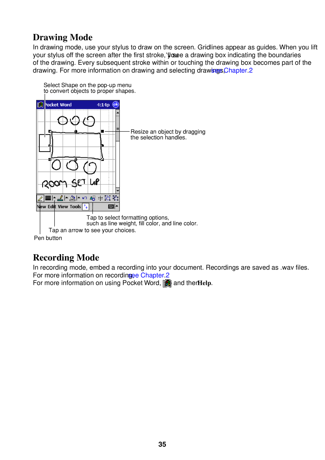 Casio Pocket PC Terminal manual Drawing Mode, Recording Mode 