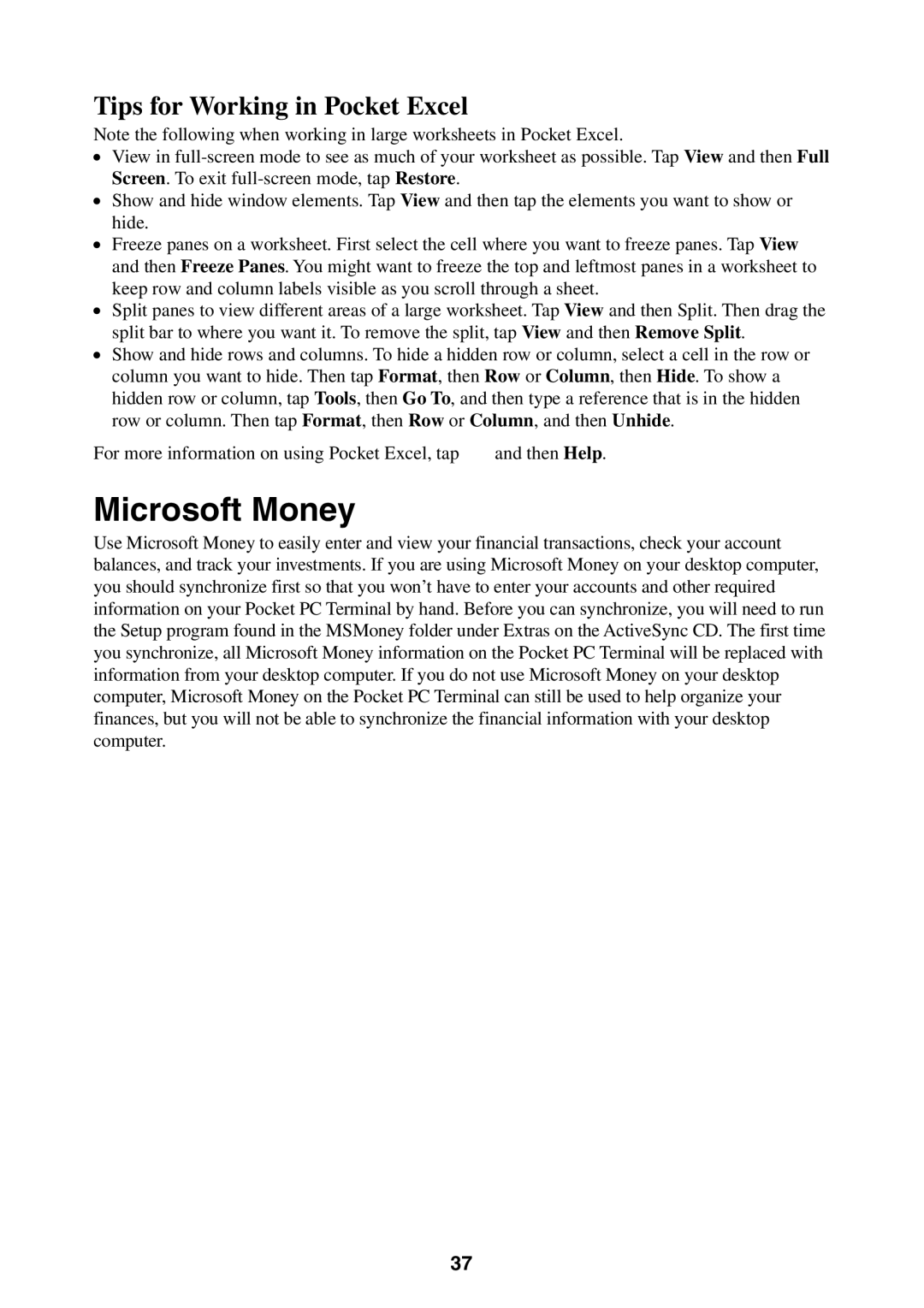 Casio Pocket PC Terminal manual Microsoft Money, Tips for Working in Pocket Excel 