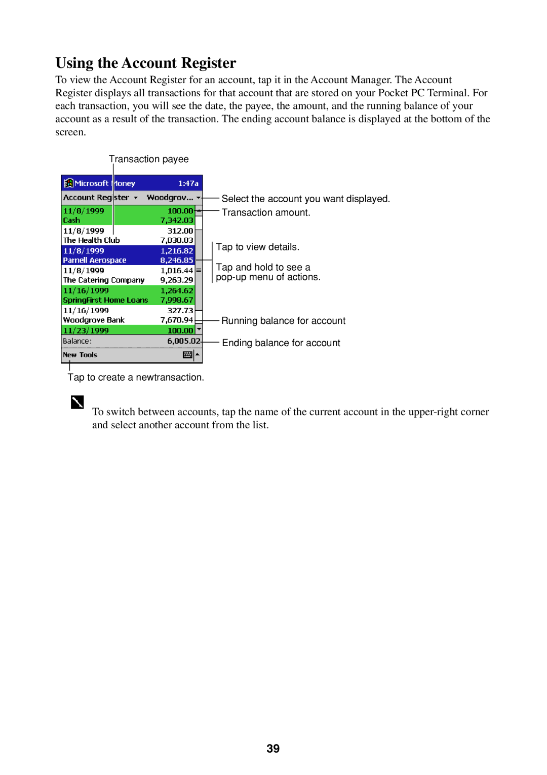 Casio Pocket PC Terminal manual Using the Account Register 