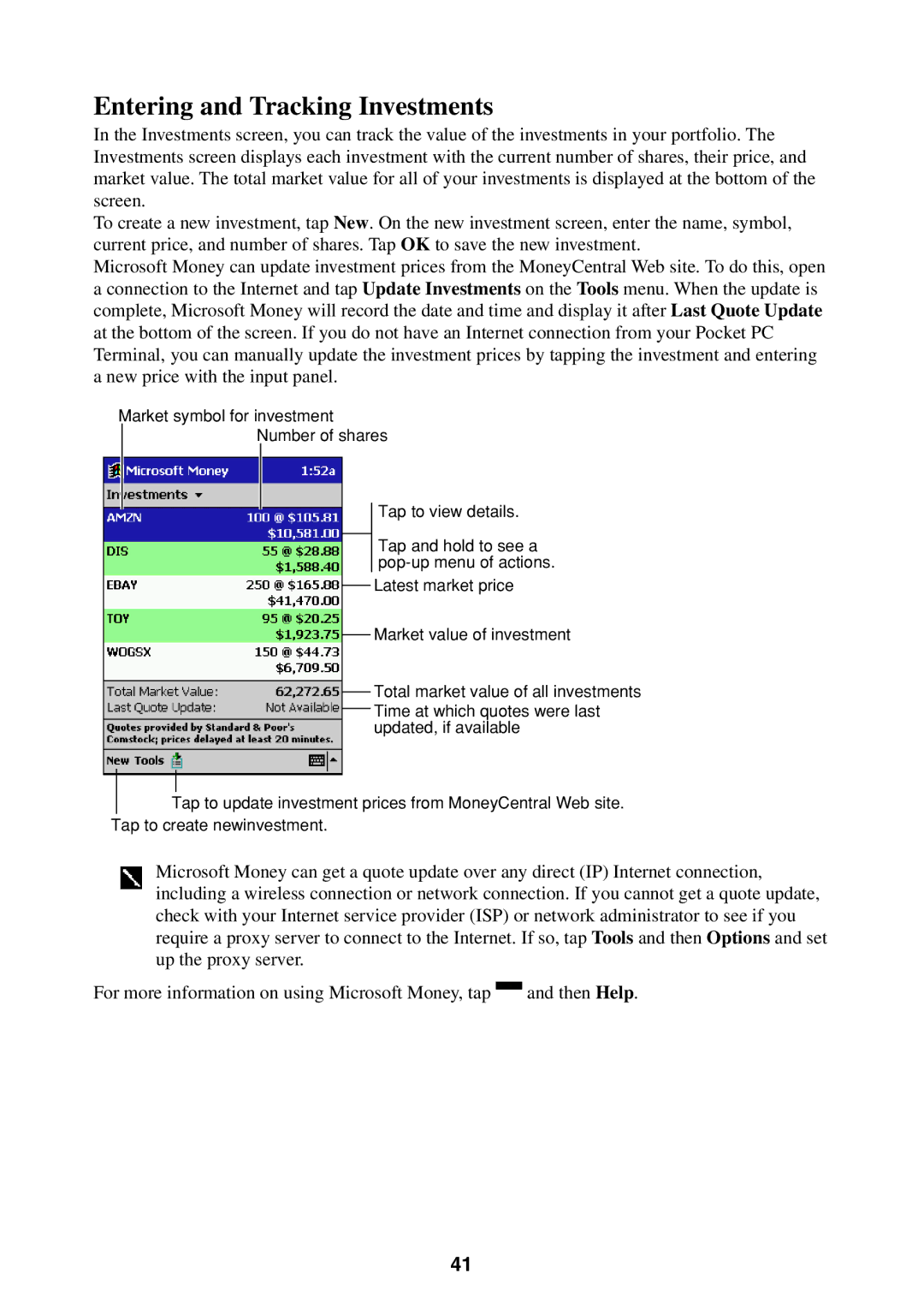 Casio Pocket PC Terminal manual Entering and Tracking Investments 