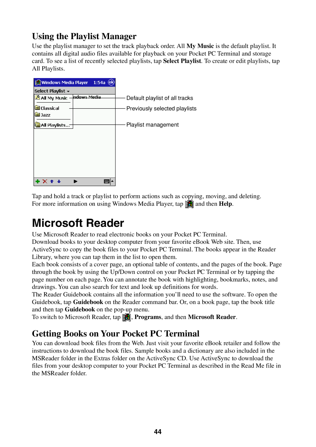 Casio manual Microsoft Reader, Using the Playlist Manager, Getting Books on Your Pocket PC Terminal 