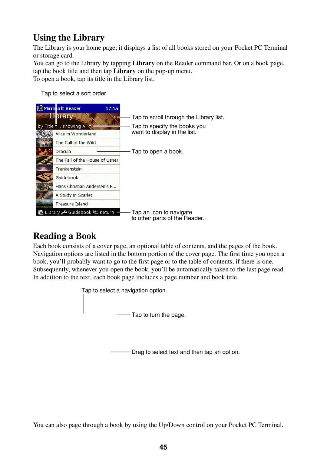 Casio Pocket PC Terminal manual Using the Library, Reading a Book 