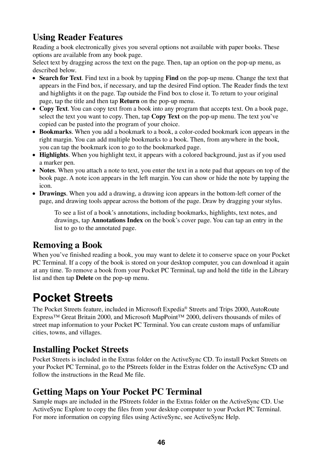 Casio Pocket PC Terminal manual Using Reader Features, Removing a Book, Installing Pocket Streets 