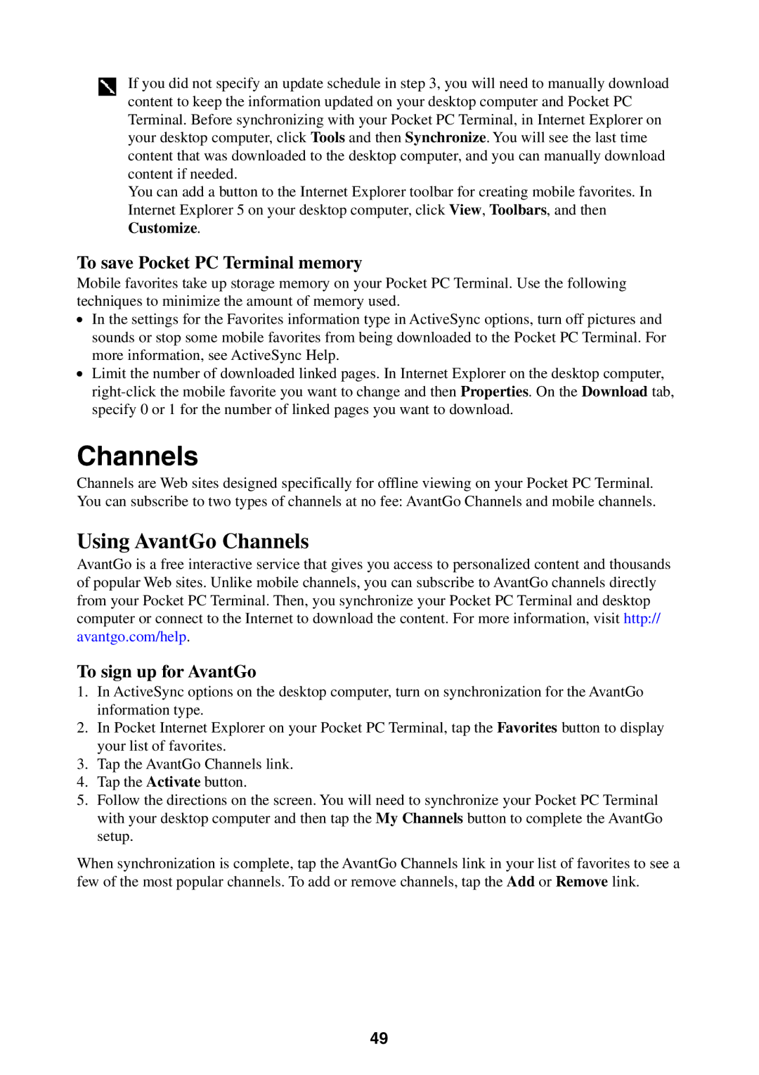 Casio manual Using AvantGo Channels, To save Pocket PC Terminal memory, To sign up for AvantGo 