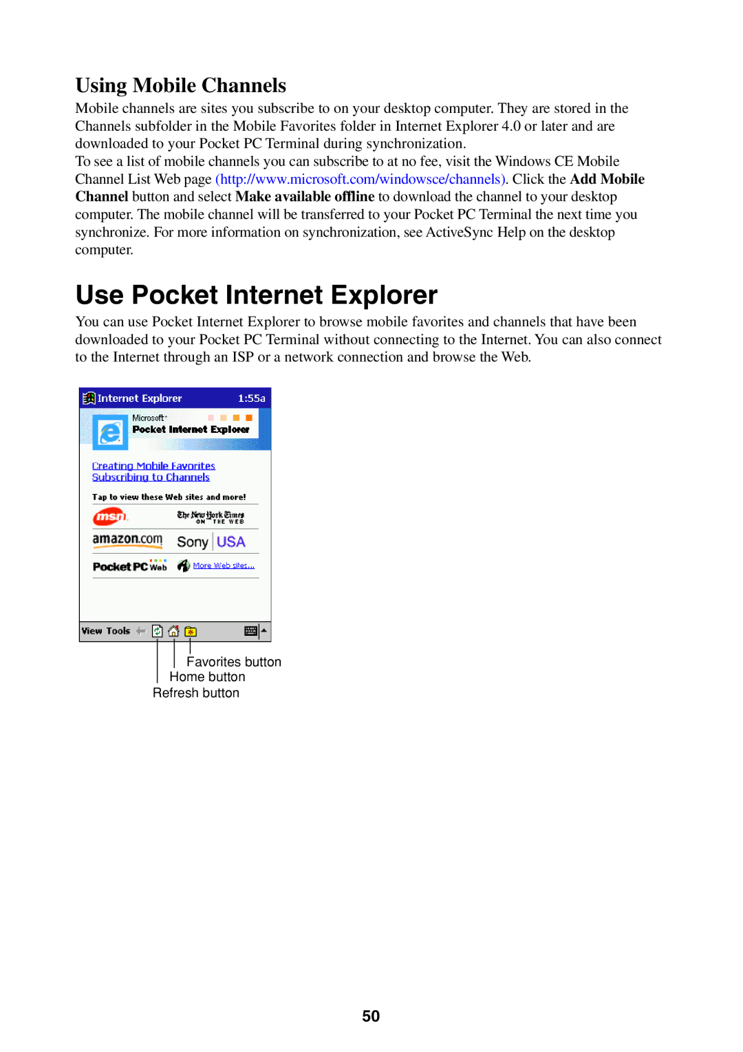 Casio Pocket PC Terminal manual Use Pocket Internet Explorer, Using Mobile Channels 