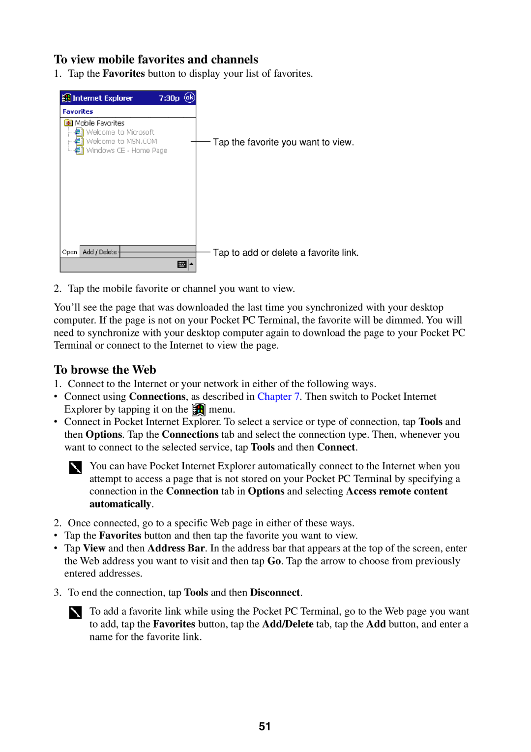 Casio Pocket PC Terminal manual To view mobile favorites and channels, To browse the Web 