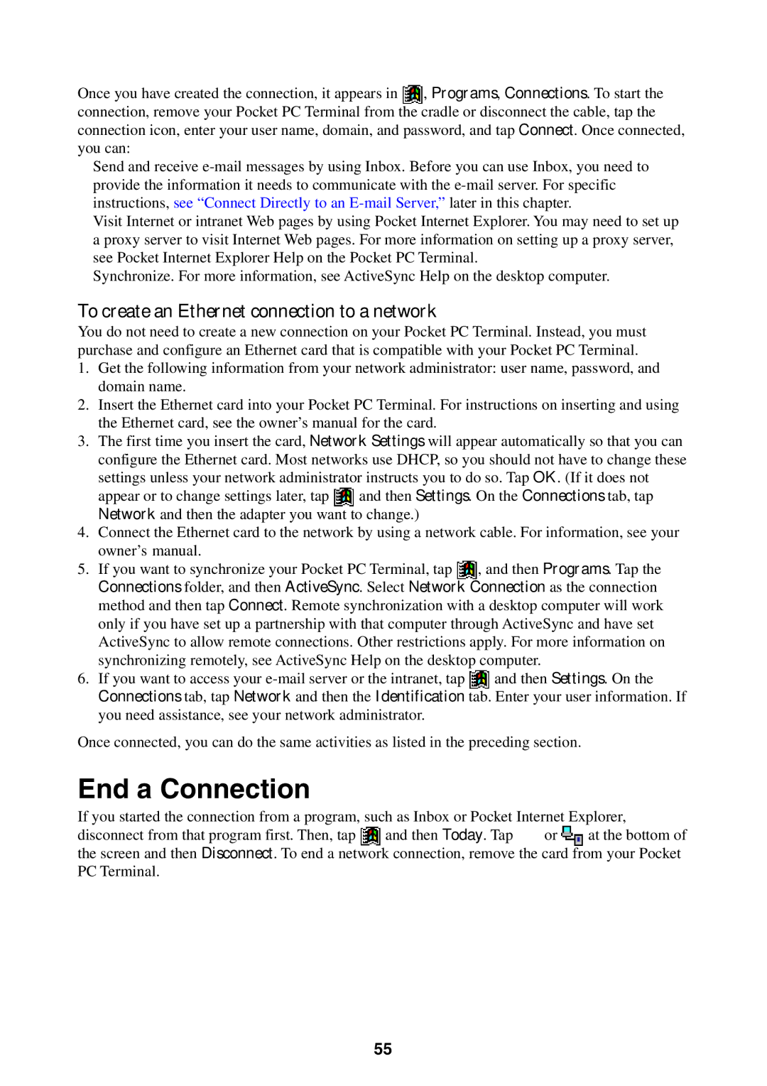 Casio Pocket PC Terminal manual End a Connection, To create an Ethernet connection to a network 