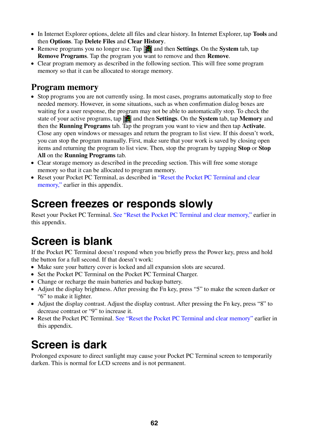 Casio Pocket PC Terminal manual Screen freezes or responds slowly, Screen is blank, Screen is dark, Program memory 