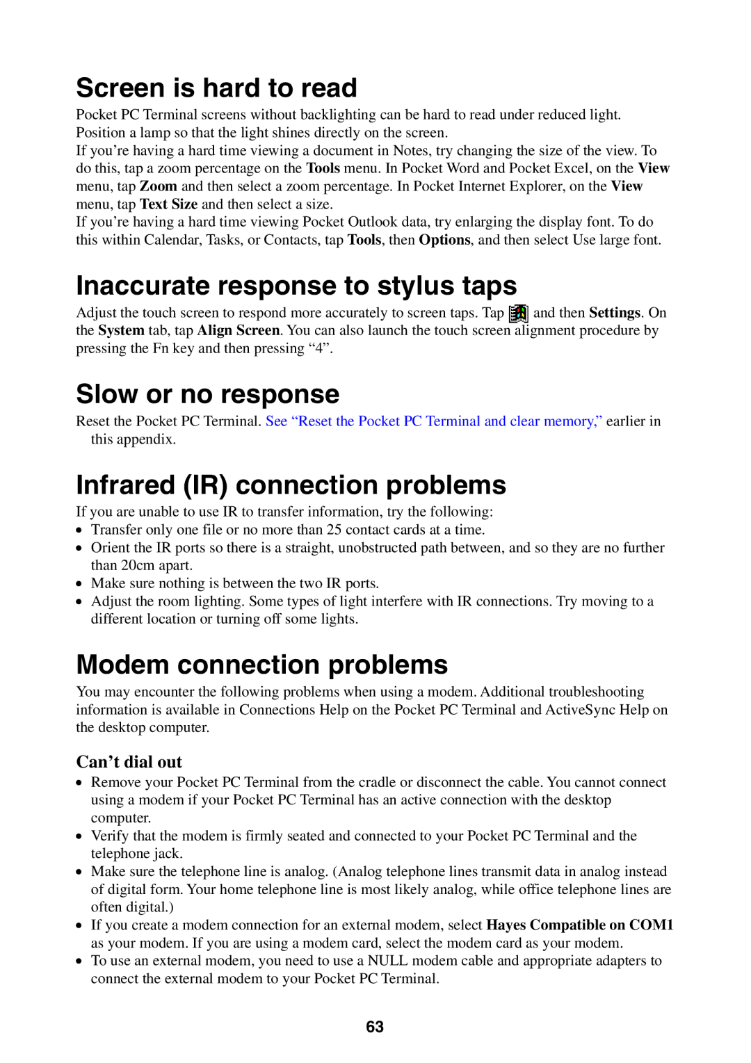 Casio Pocket PC Terminal manual Screen is hard to read, Inaccurate response to stylus taps, Slow or no response 