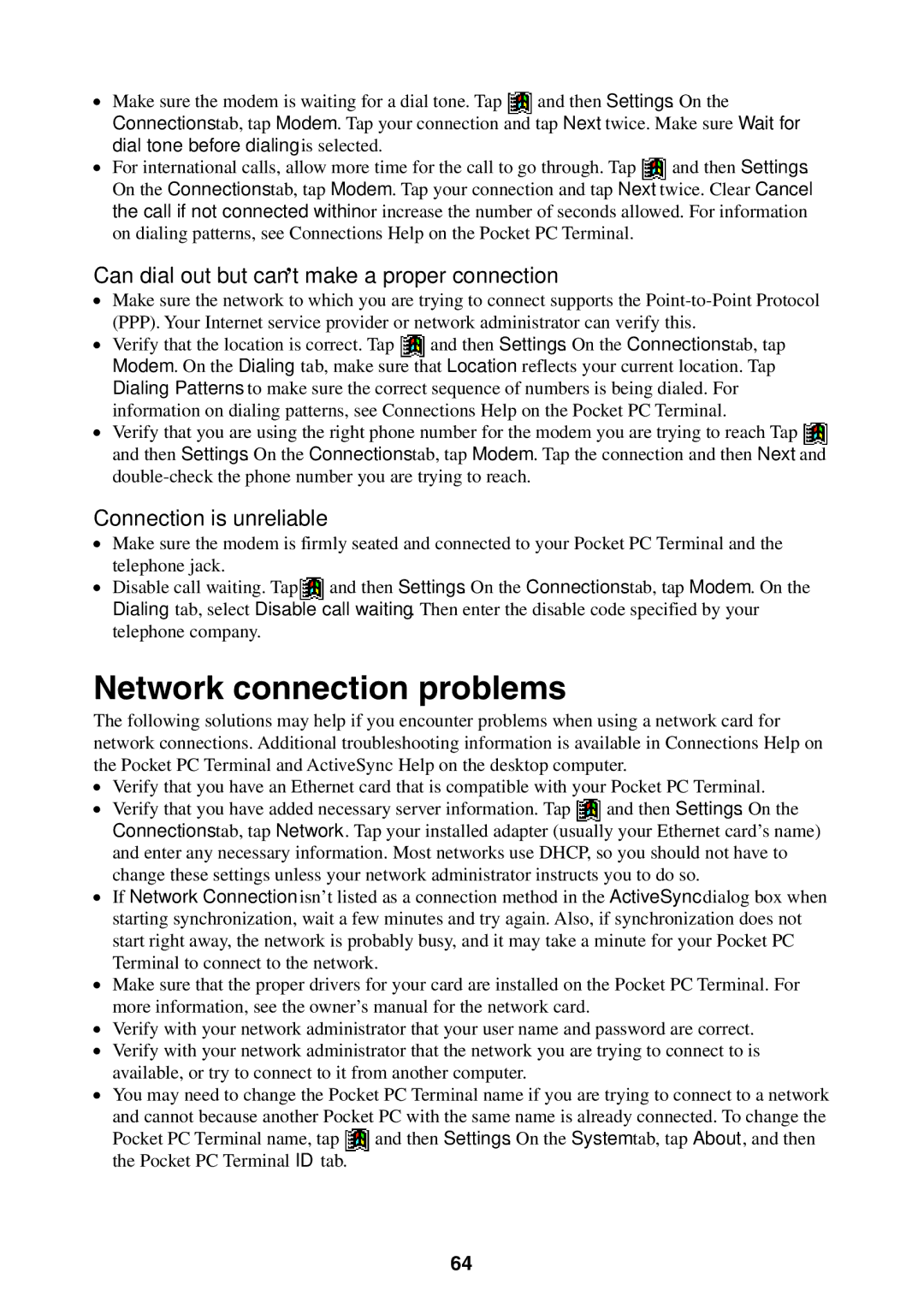 Casio Pocket PC Terminal manual Network connection problems, Can dial out but can’t make a proper connection 