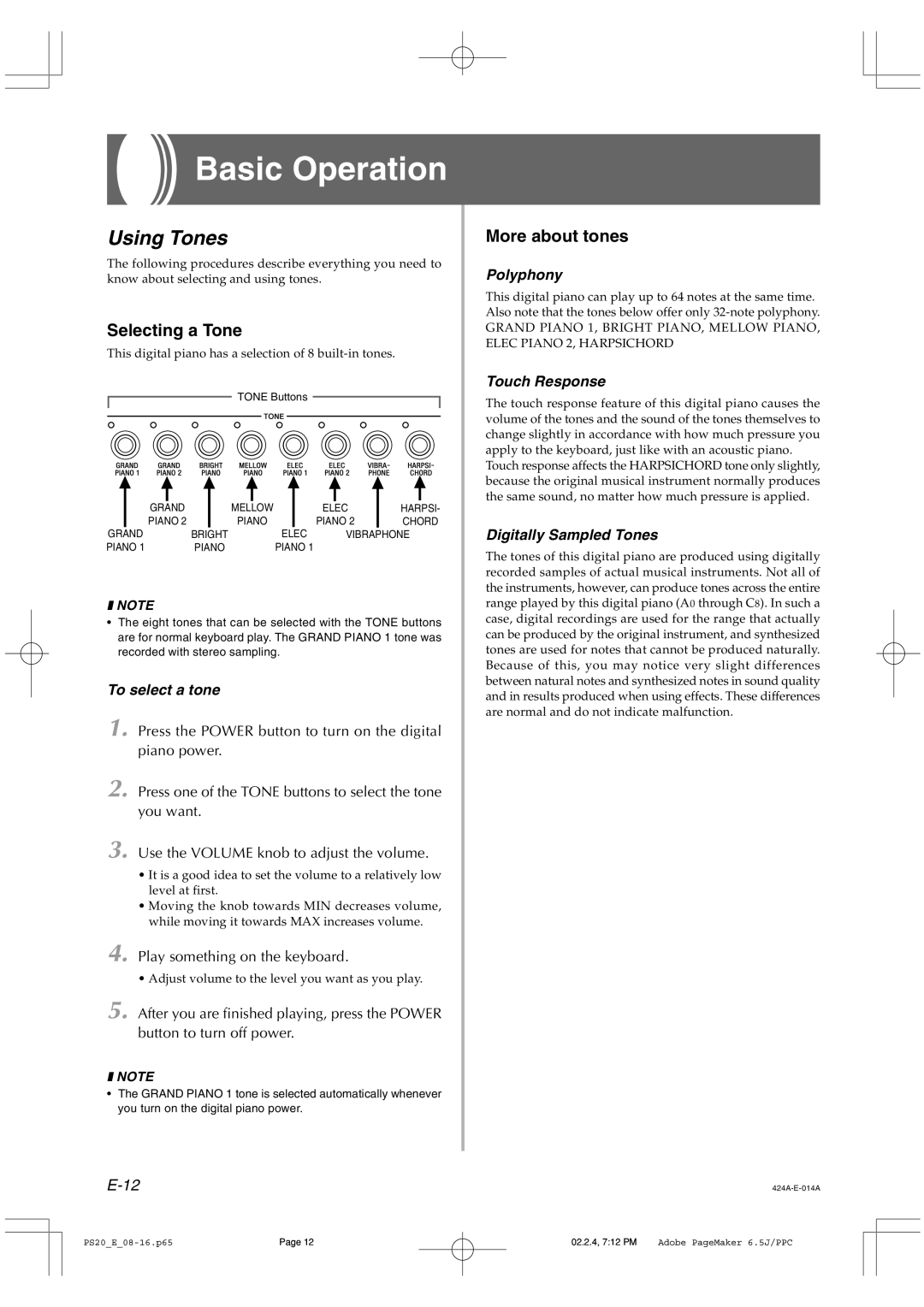 Casio PS-20 manual Basic Operation, Using Tones, Selecting a Tone, More about tones 