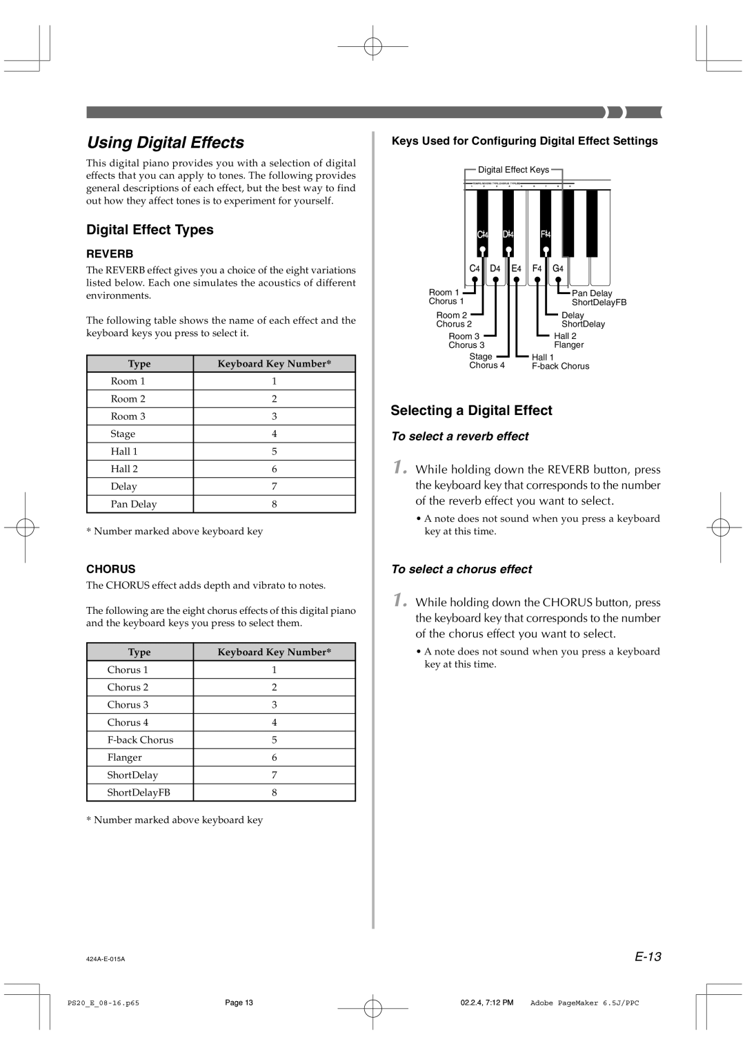 Casio PS-20 manual Using Digital Effects, Digital Effect Types, Selecting a Digital Effect, To select a reverb effect 