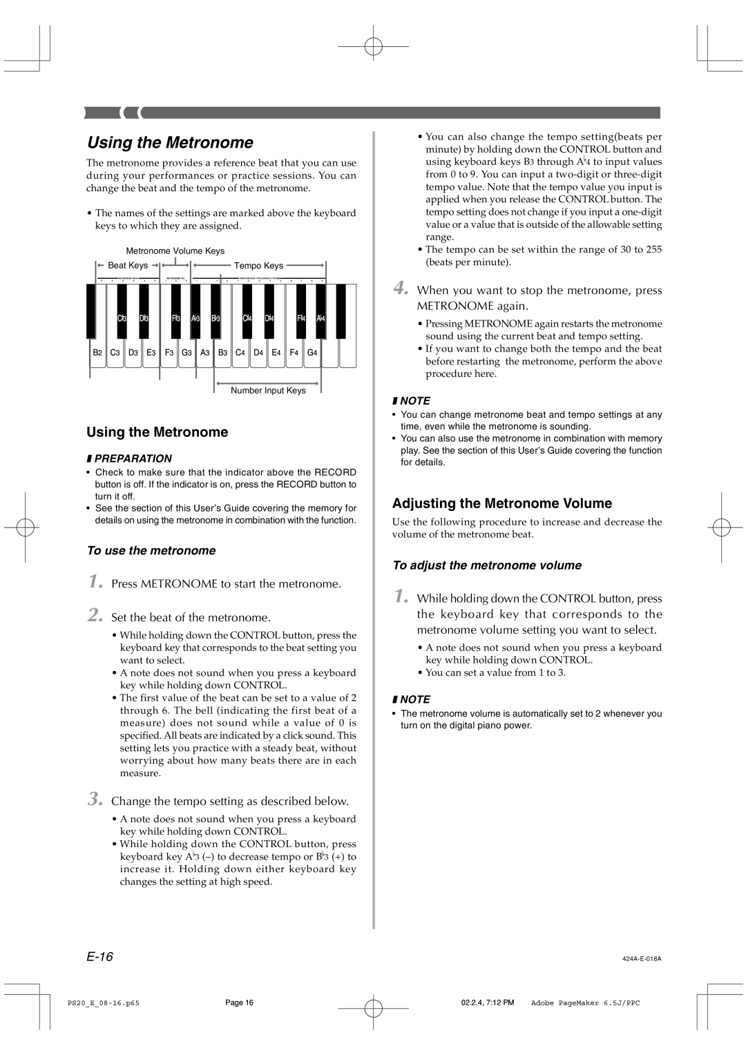 Casio PS-20 Using the Metronome, Adjusting the Metronome Volume, To use the metronome, To adjust the metronome volume 