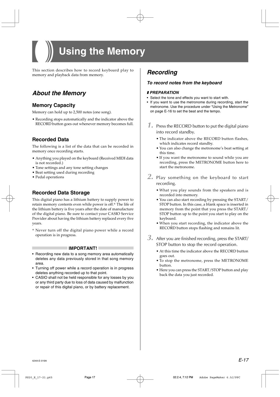 Casio PS-20 manual Using the Memory, About the Memory, Recording 