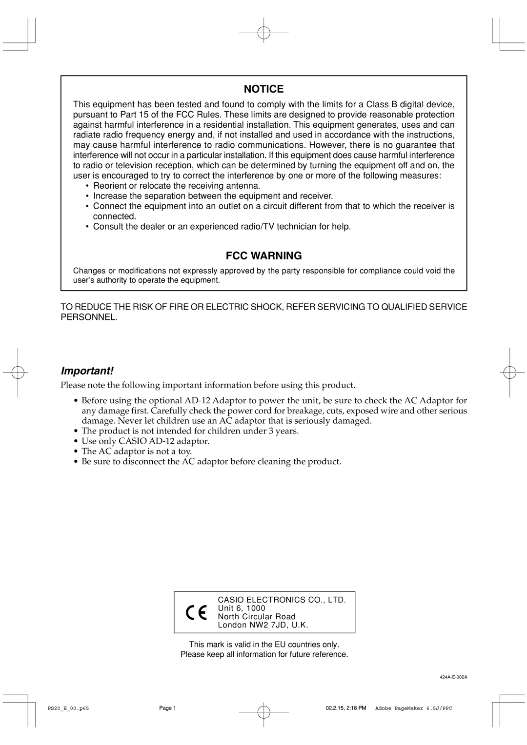 Casio PS-20 manual FCC Warning 