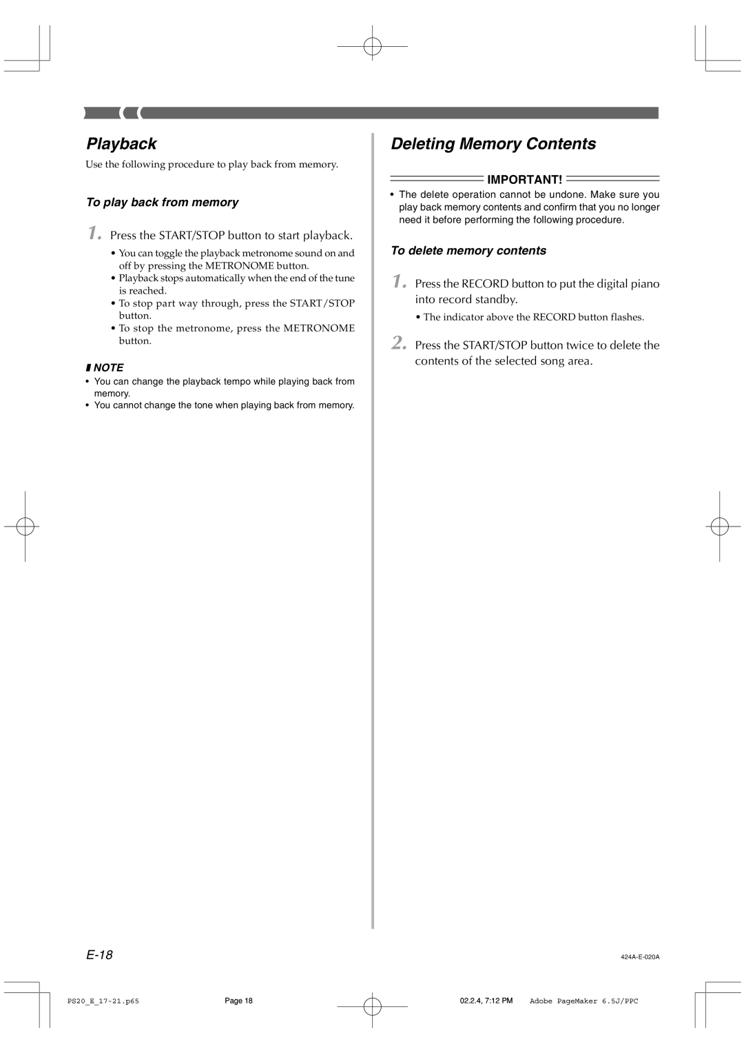 Casio PS-20 manual Playback, Deleting Memory Contents 