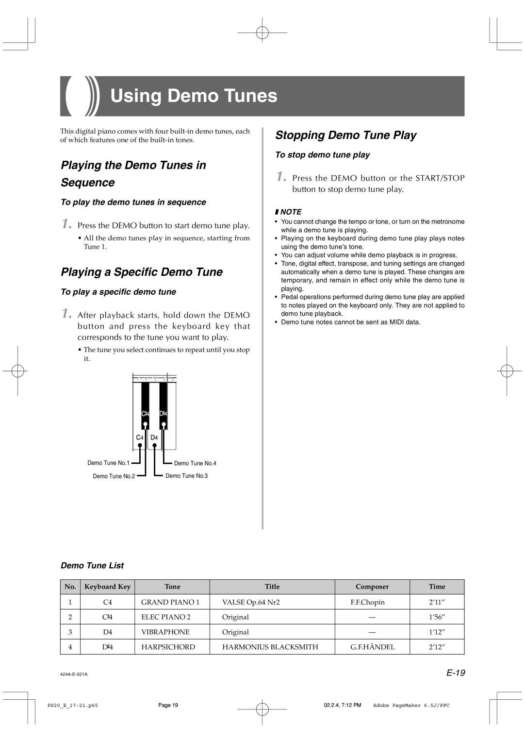 Casio PS-20 manual Using Demo Tunes, Playing the Demo Tunes Sequence, Playing a Specific Demo Tune, Stopping Demo Tune Play 