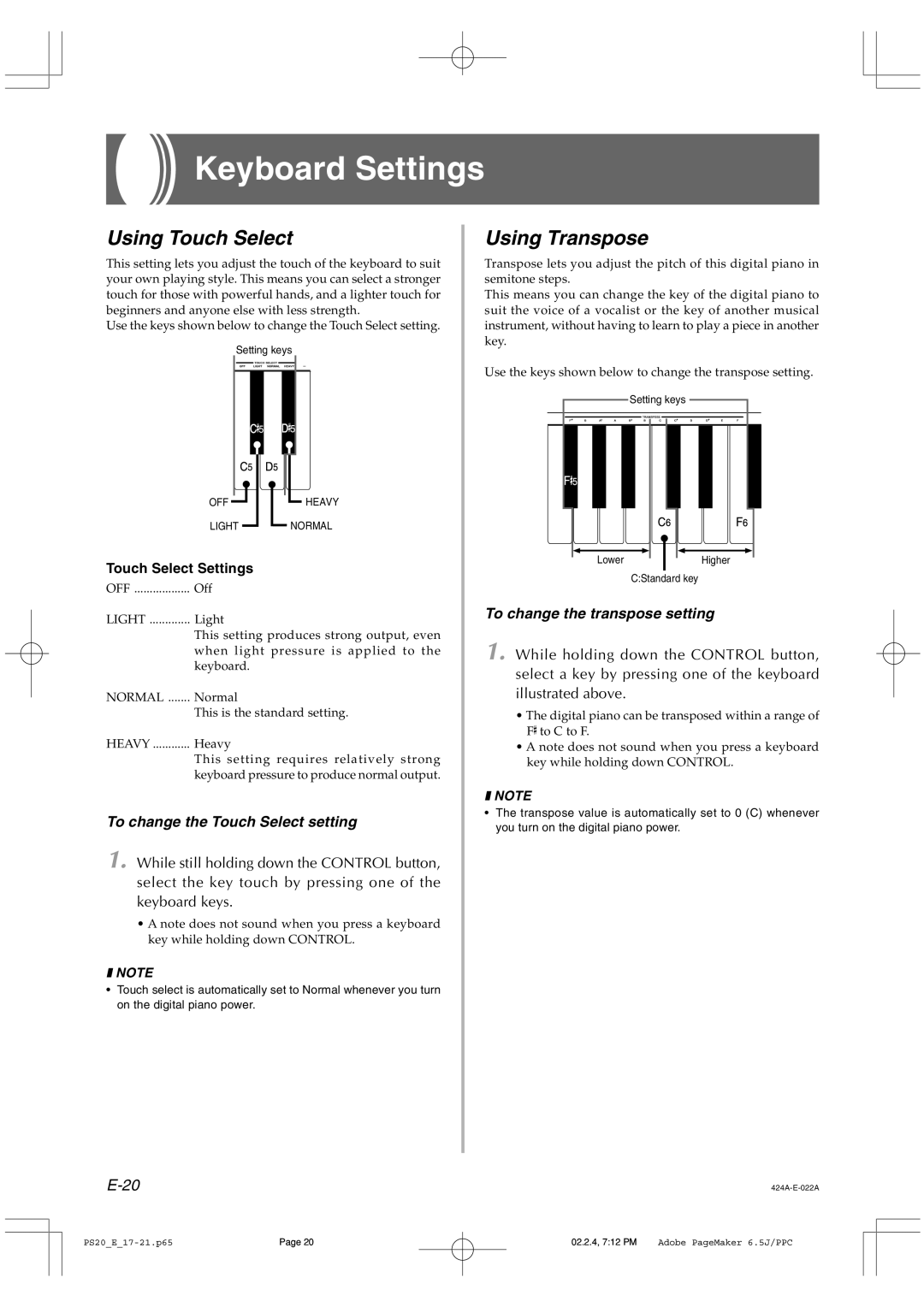 Casio PS-20 manual Keyboard Settings, Using Touch Select, Using Transpose, To change the Touch Select setting 