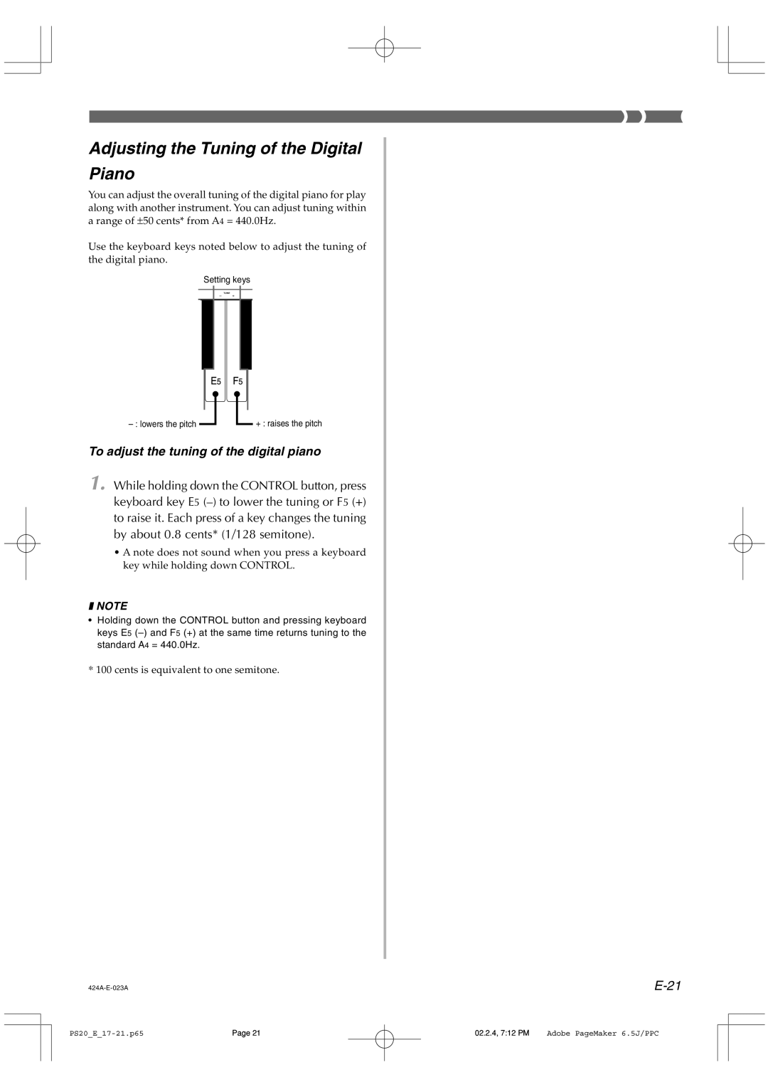 Casio PS-20 manual Adjusting the Tuning of the Digital Piano, To adjust the tuning of the digital piano 