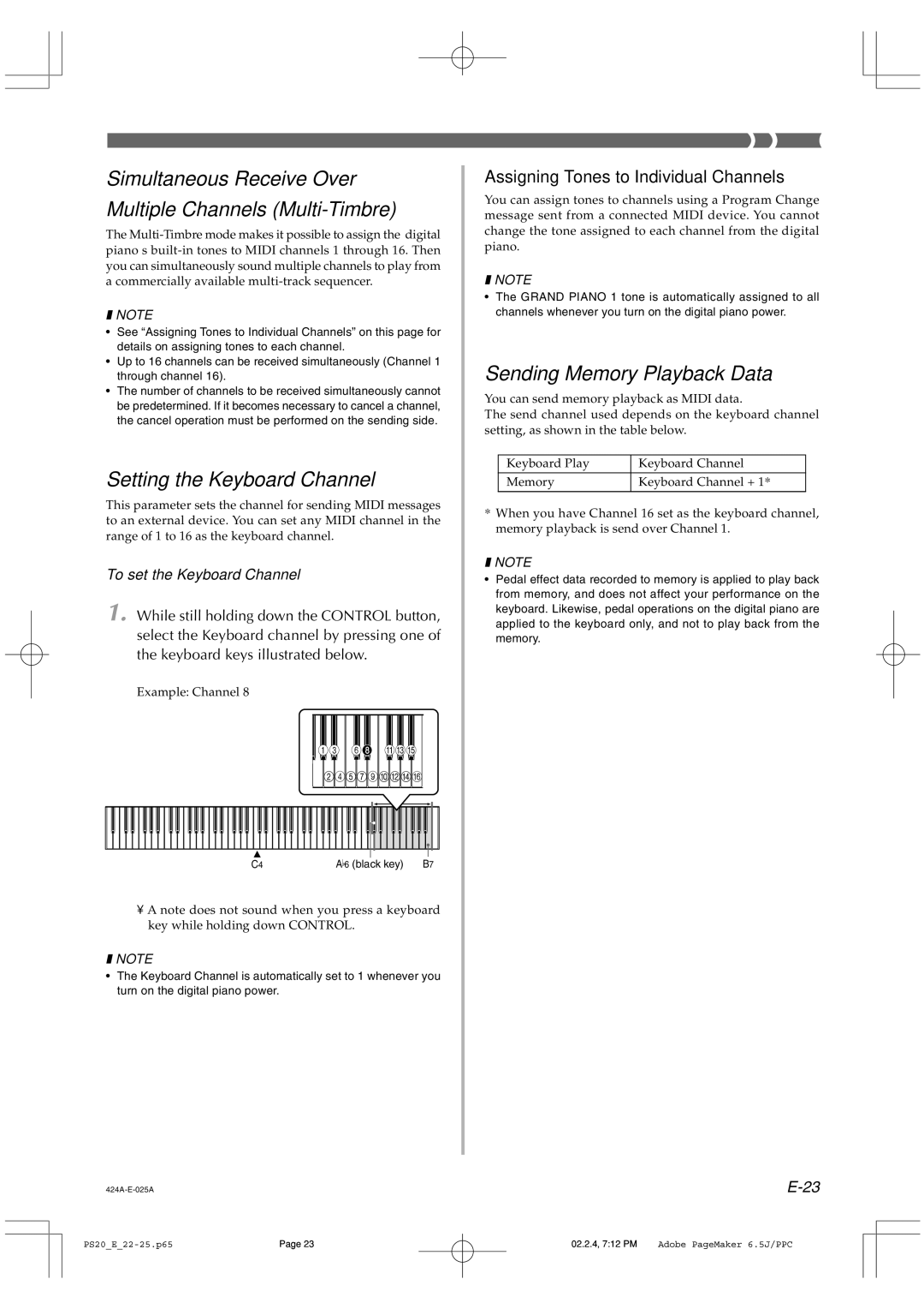 Casio PS-20 manual Simultaneous Receive Over Multiple Channels Multi-Timbre, Setting the Keyboard Channel 