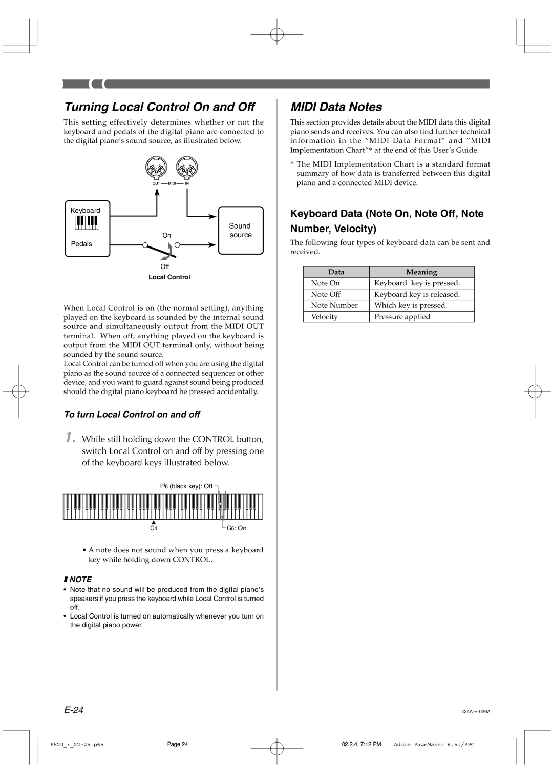 Casio PS-20 Turning Local Control On and Off, Midi Data Notes, Keyboard Data Note On, Note Off, Note Number, Velocity 