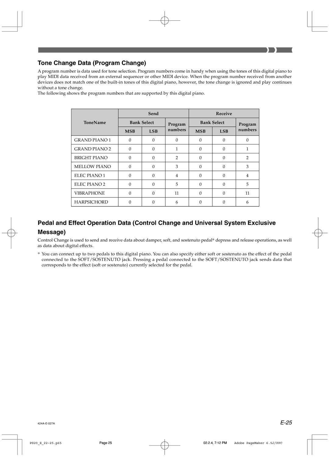 Casio PS-20 manual Tone Change Data Program Change, Send Receive ToneName Bank Select Program, Numbers 