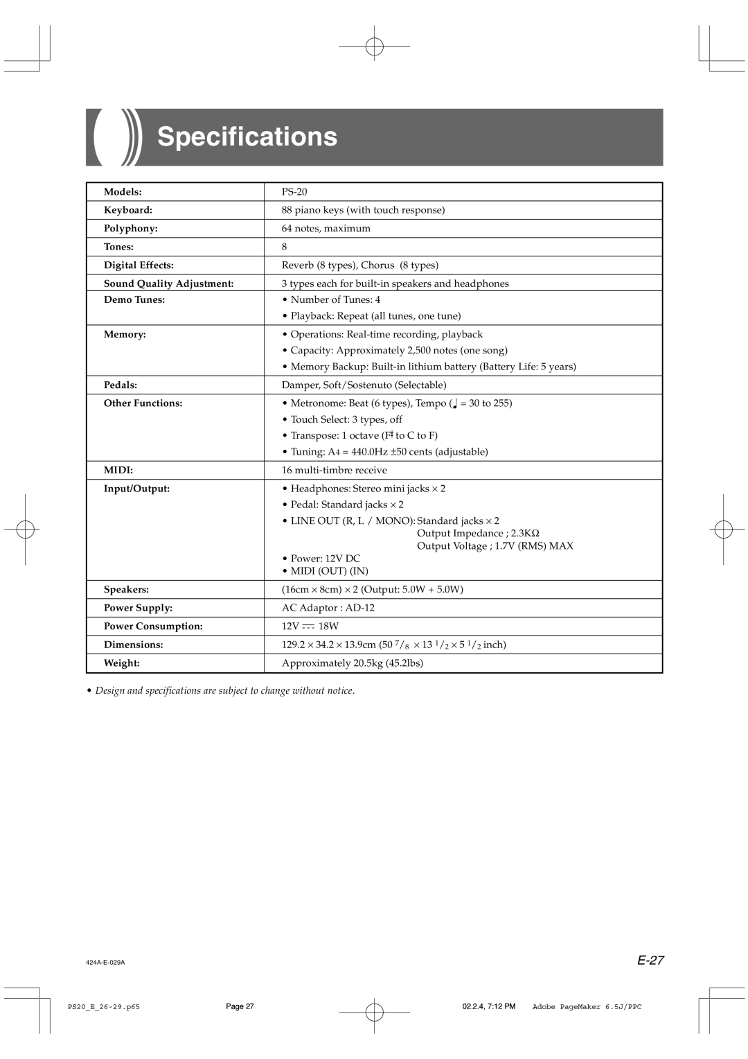 Casio PS-20 manual Specifications 