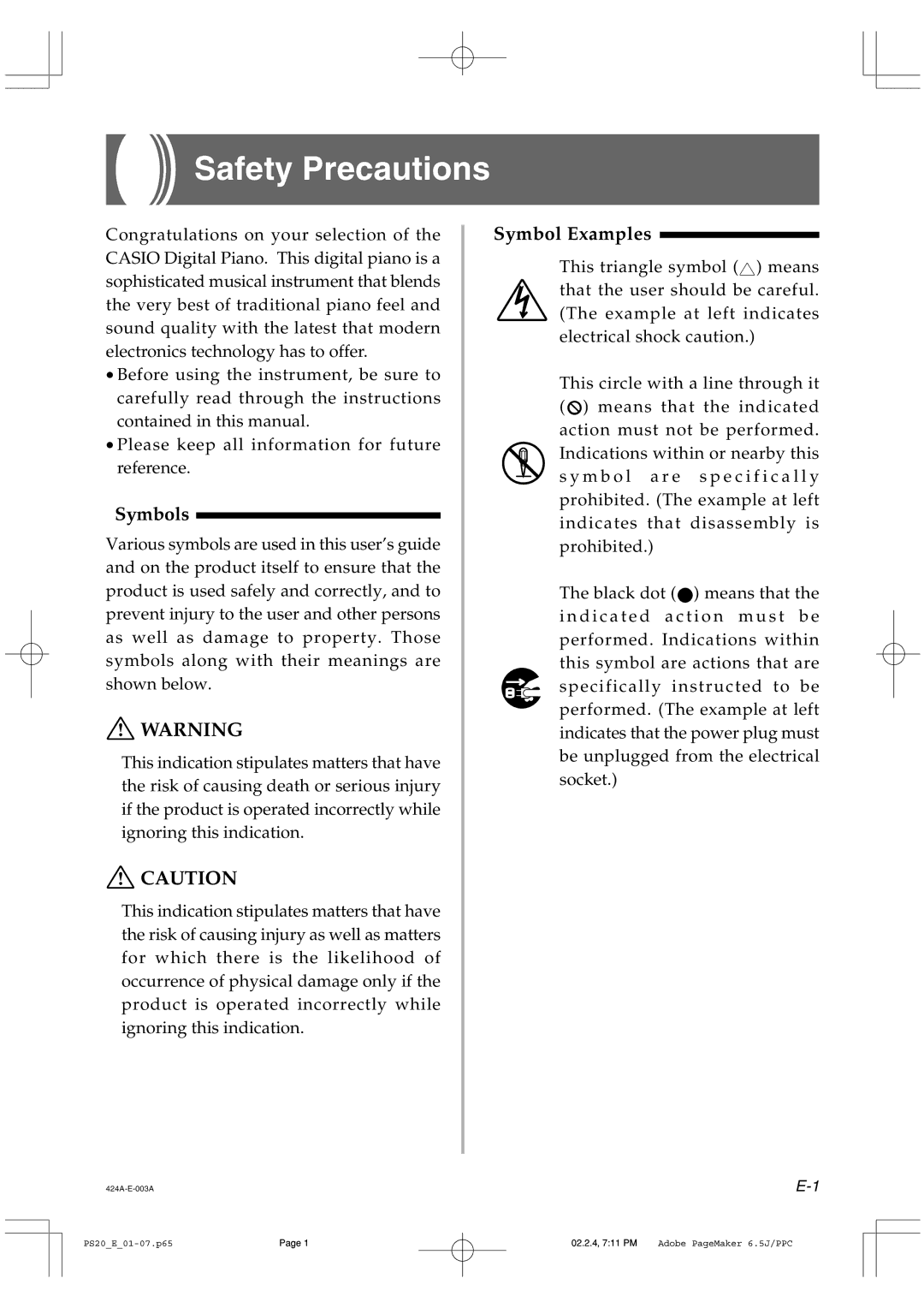 Casio PS-20 manual Safety Precautions, Symbols 